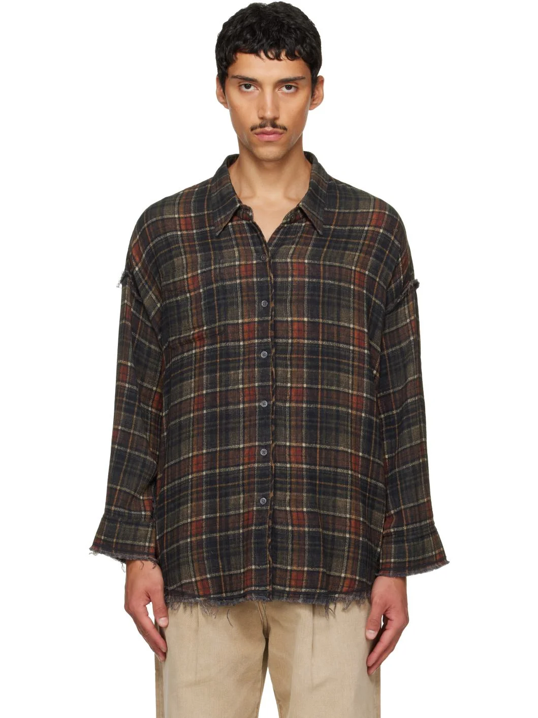 Brown Shredded Seam Drop Neck Reversible Shirt - 1