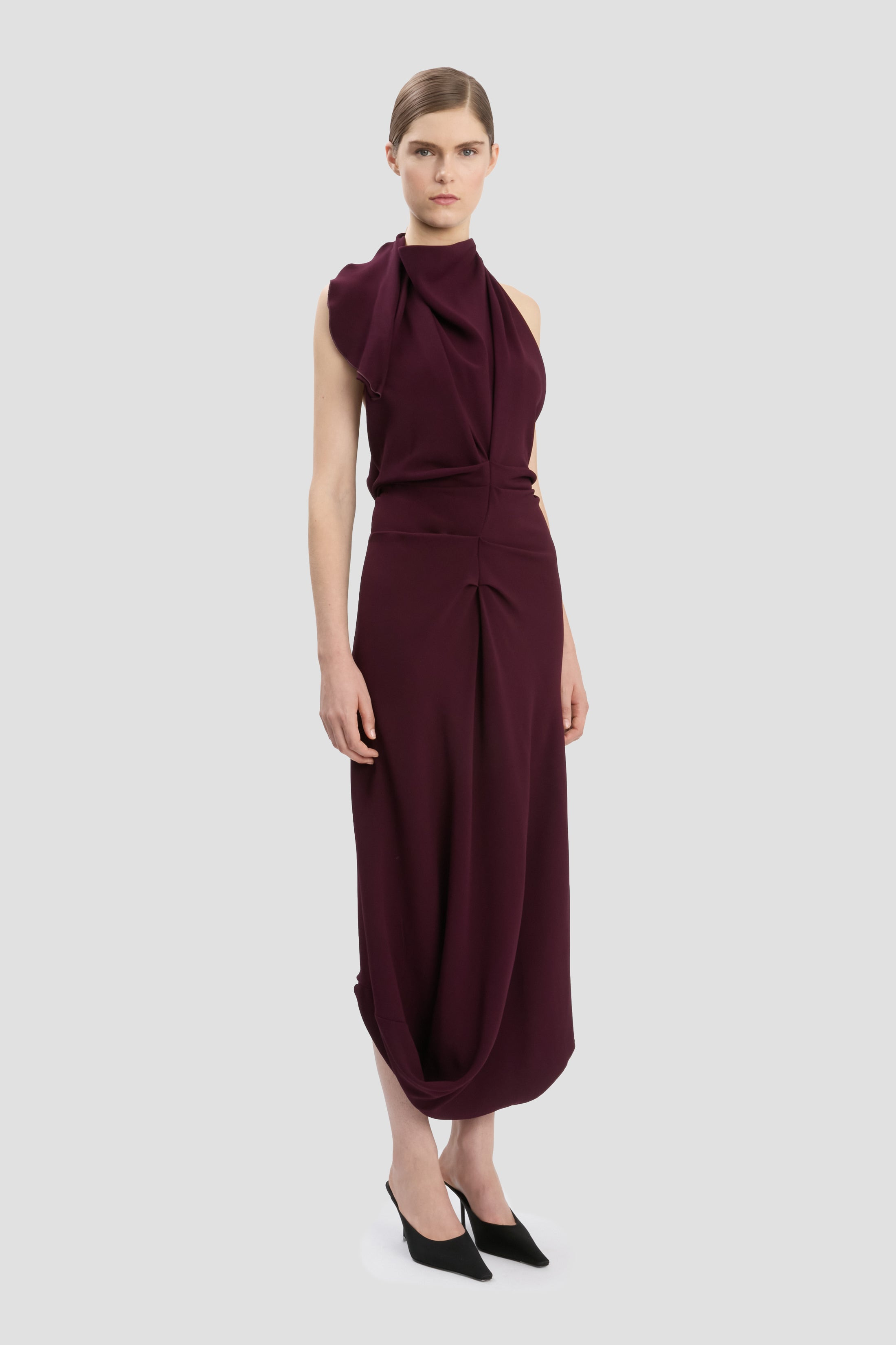 Backless Scarf Detail Midi Dress In Merlot - 3