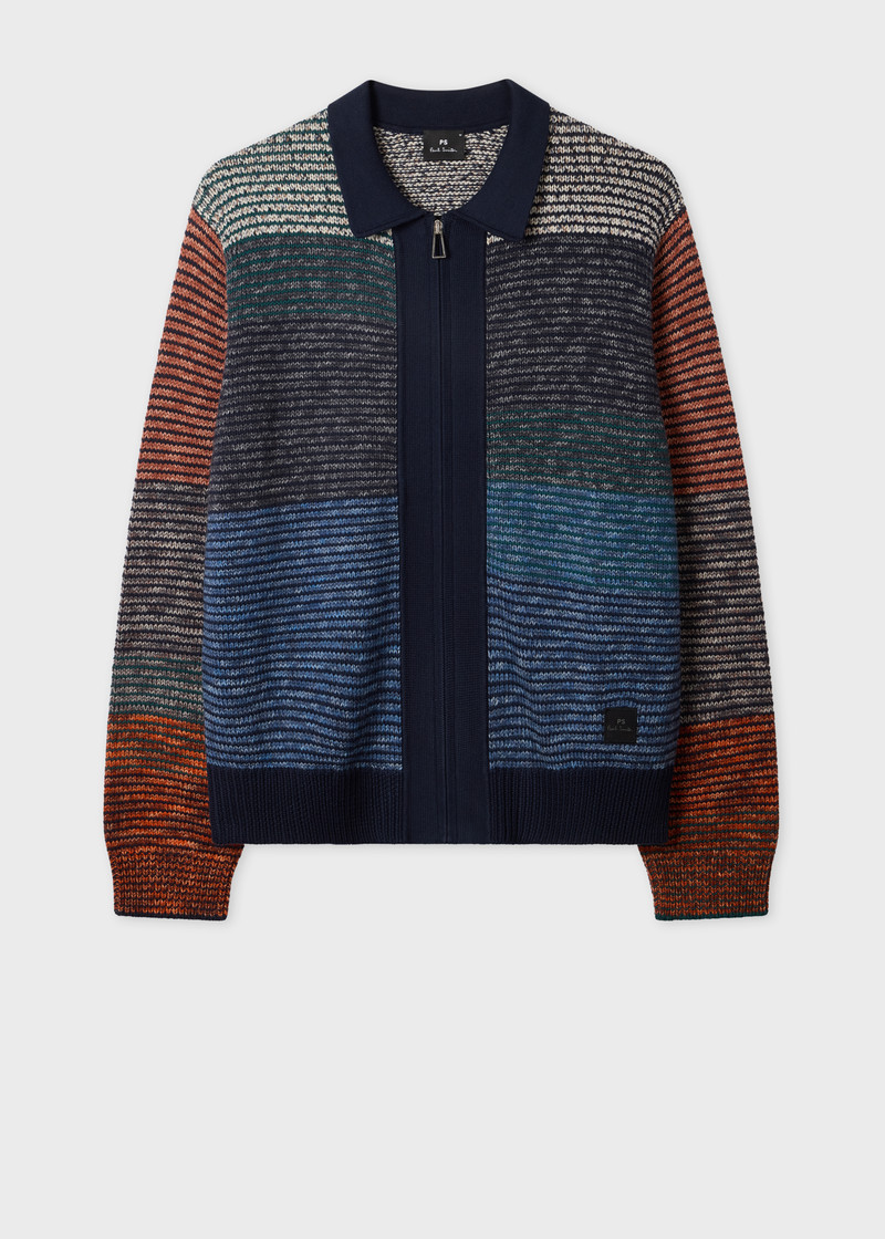 Navy Colour-Block Zip-Through Cotton-Wool Cardigan 1