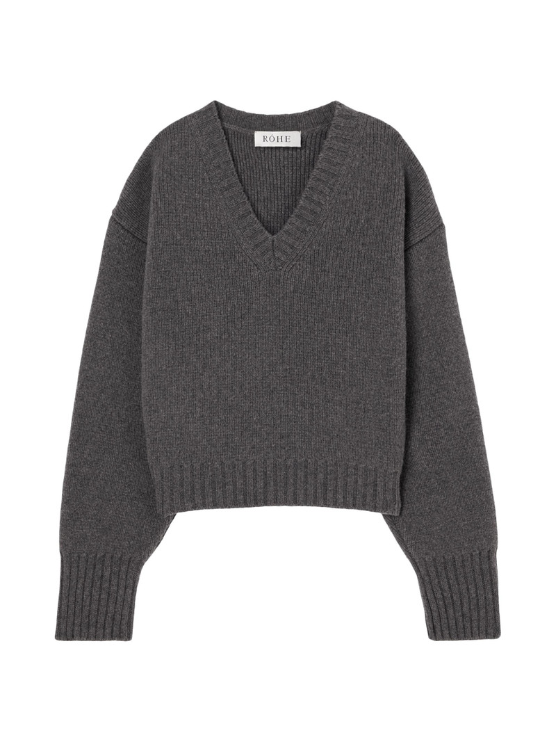 Women's Compact-Knit Wool V-Neck Sweater - Mid Grey Melange 1