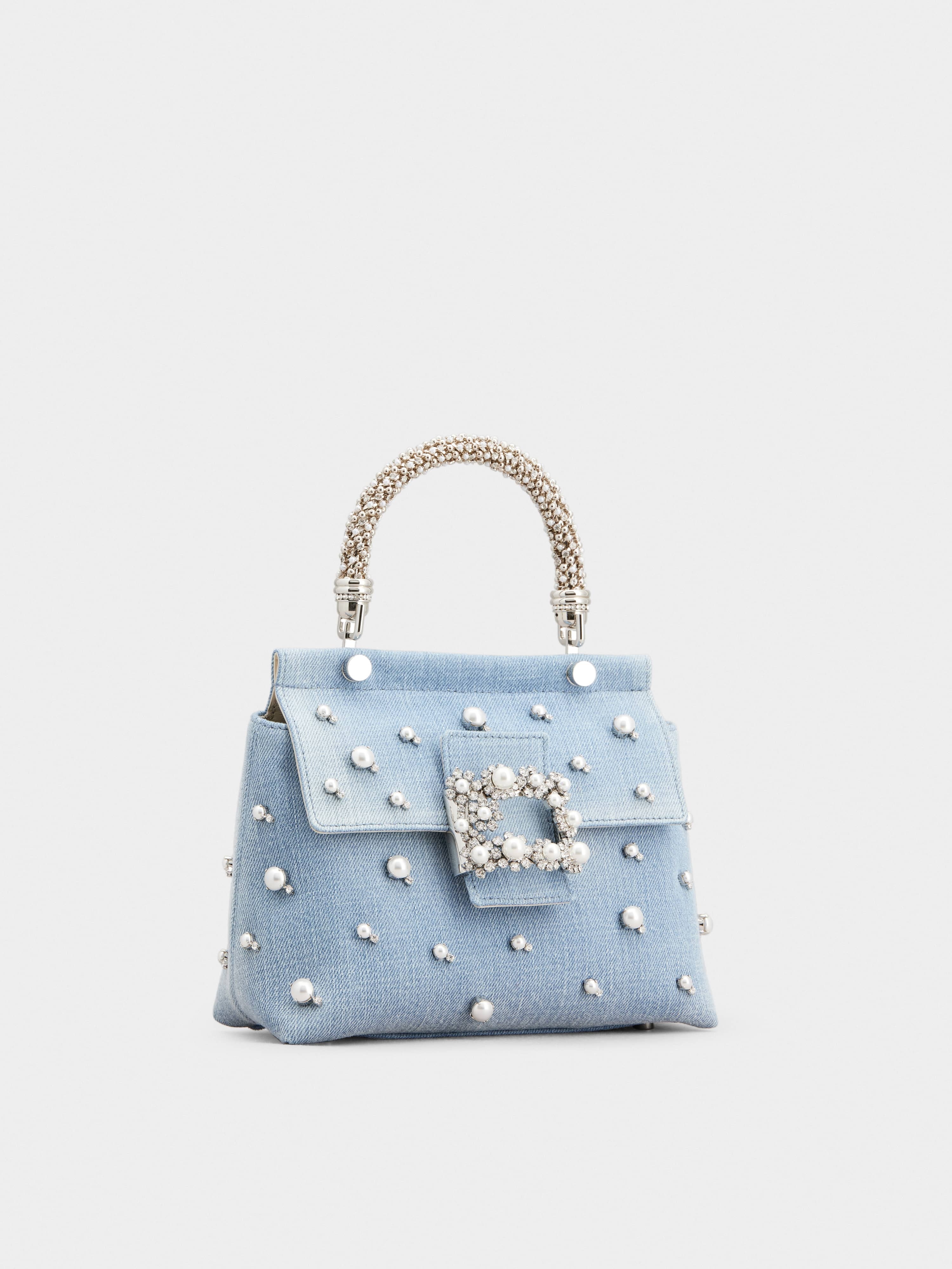 Viv' Cabas Jewel Flower Strass Pearl Buckle Mini Bag in Denim - 2