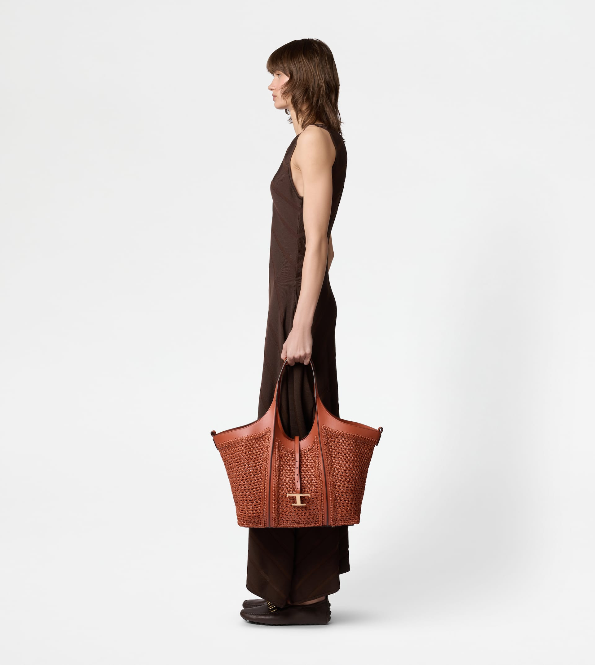 T TIMELESS SHOPPING BAG IN RAFFIA AND LEATHER MEDIUM - ORANGE - 7