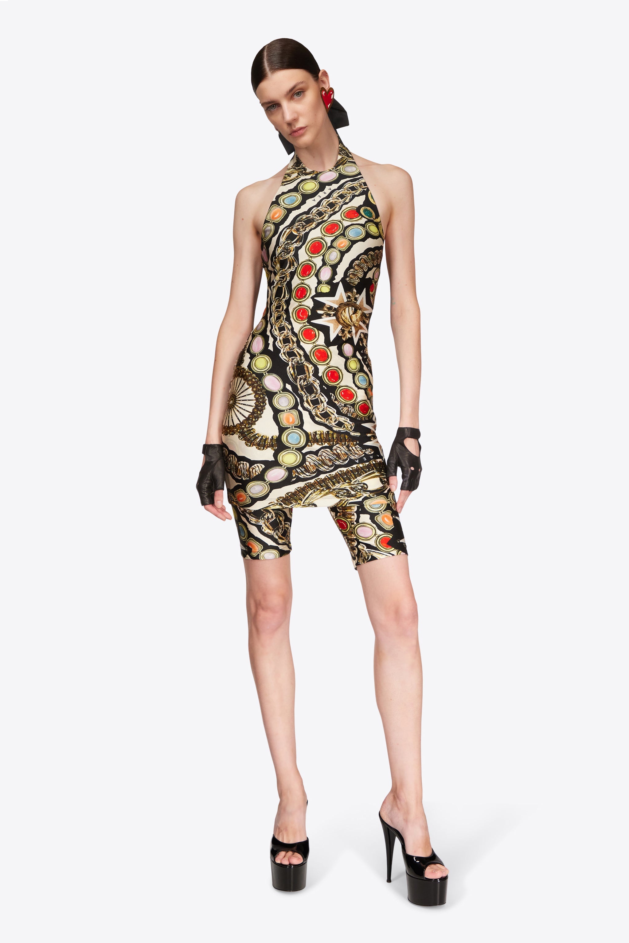 GEMSTONE CHAIN PRINTED HALTER MINI DRESS - 3
