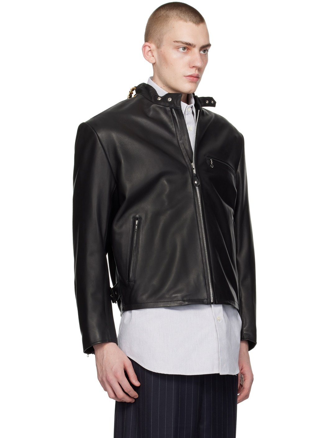 Black Chain Handle Leather Jacket - 2