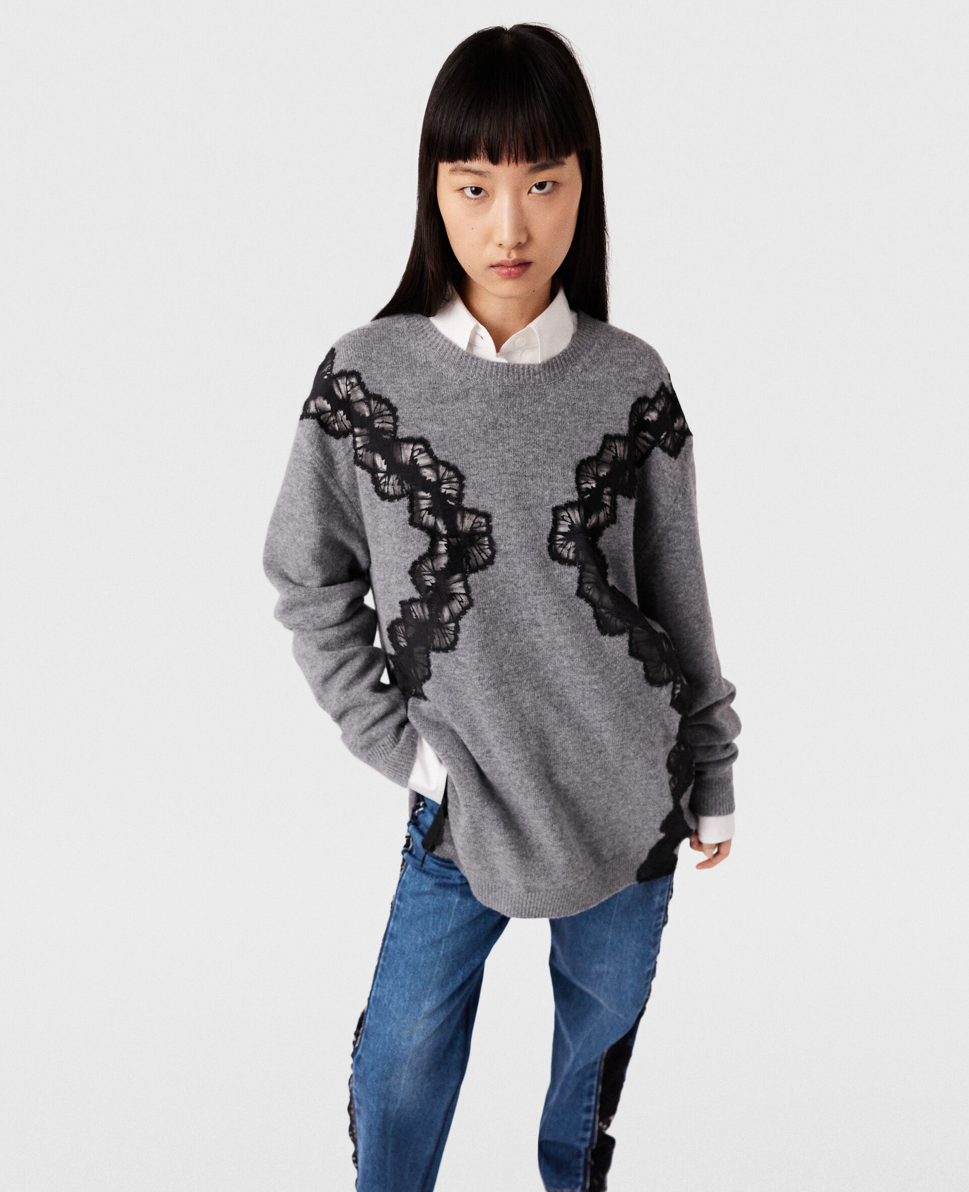 Lace Insert Long Sleeve Sweater - 2
