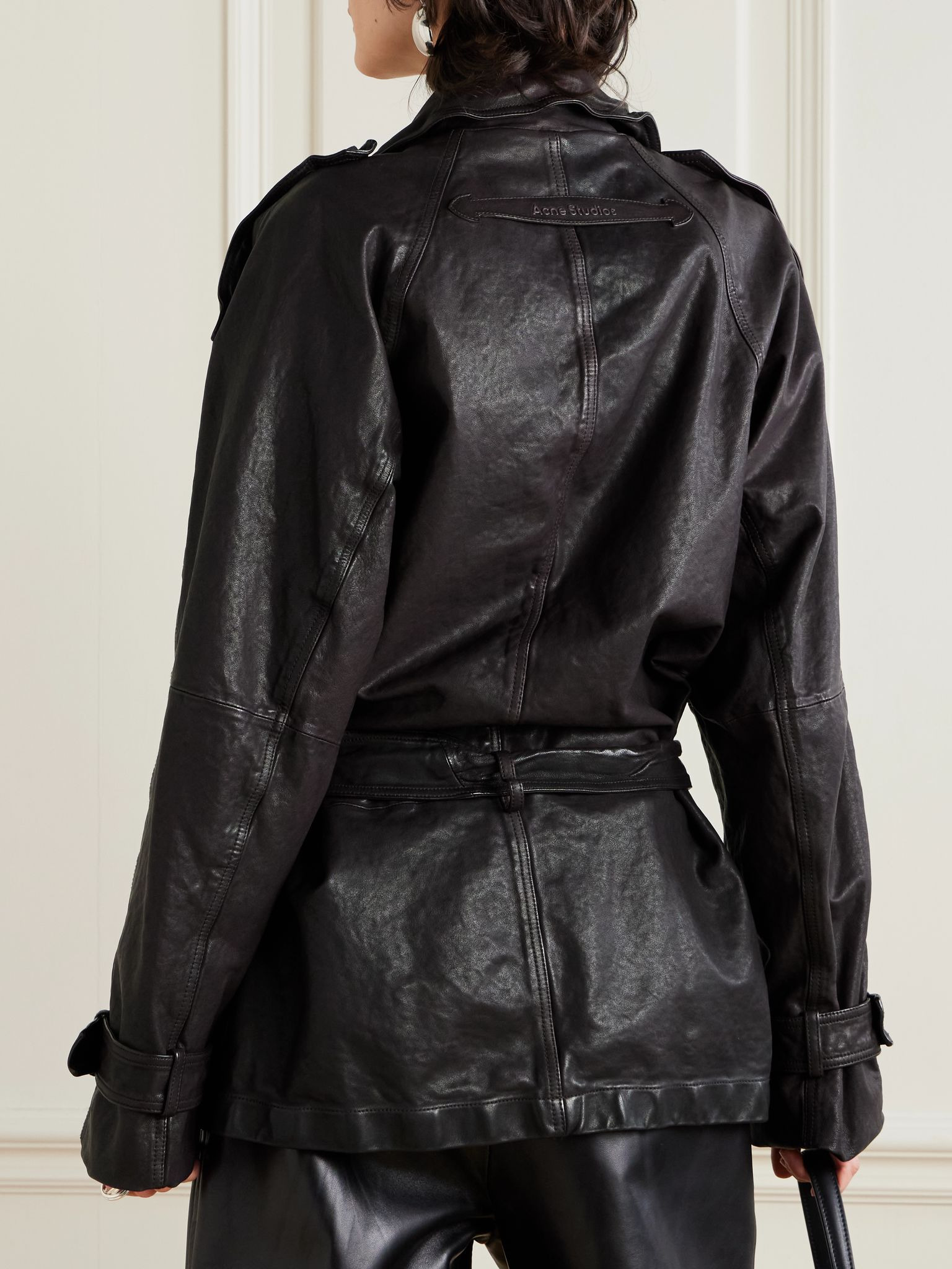 Double-breasted belted leather jacket Black - 3