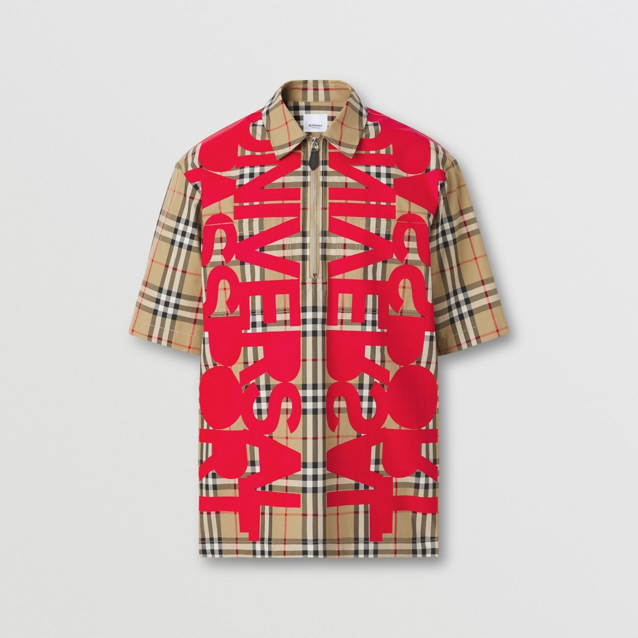 Short-sleeve Slogan Print Check Cotton Shirt - 1