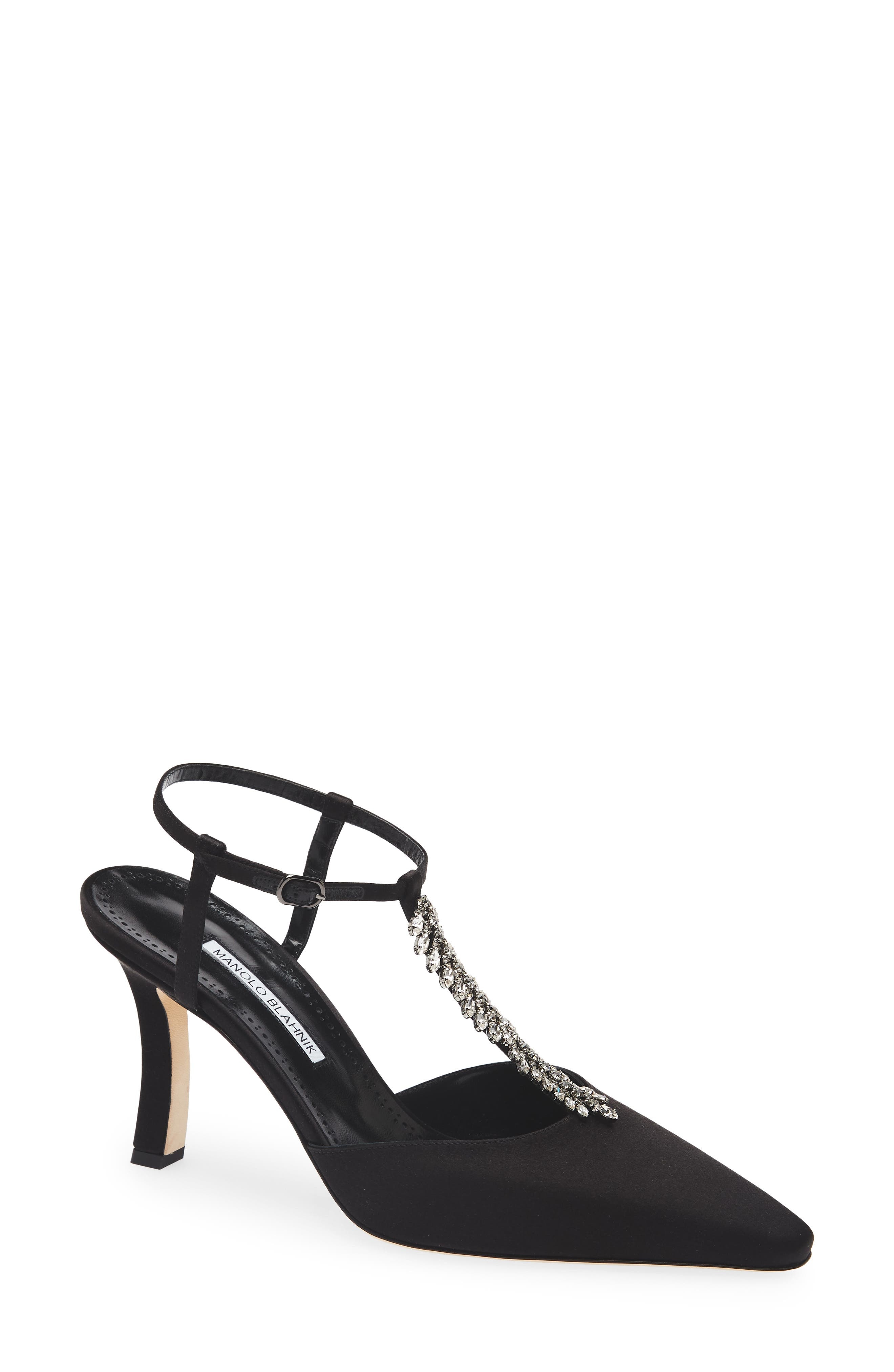 Manolo Blahnik Sufik Crystal Embellished T-Strap Pump in Black at Nordstrom - 1