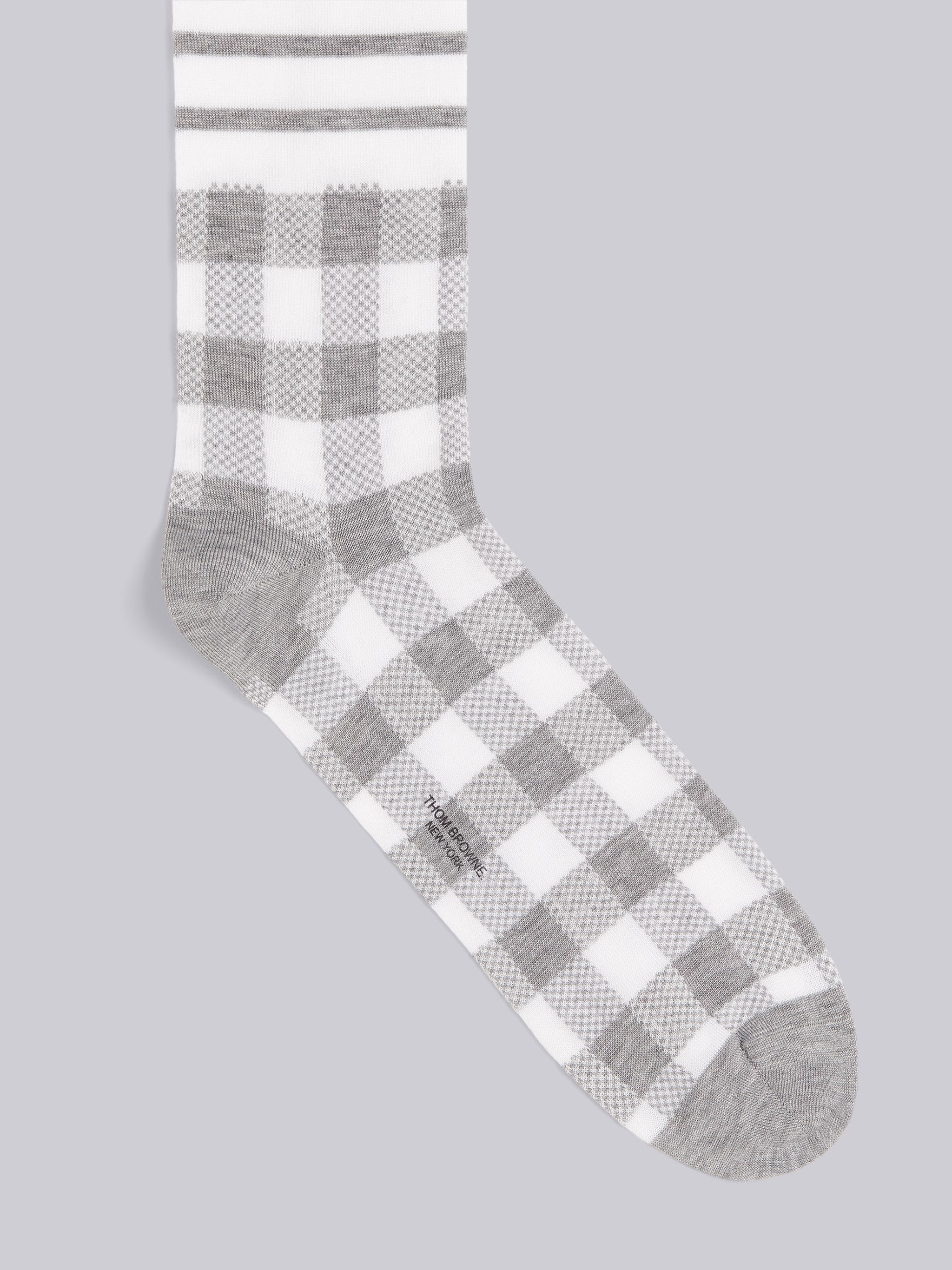 Light Grey Mercerized Cotton Gingham Jacquard Mid-calf Socks - 2