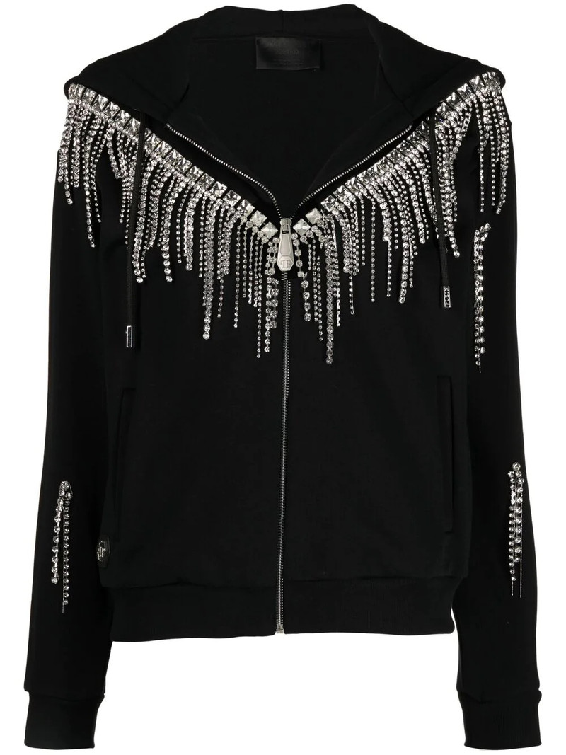 Crystal-fringe hooded zip-up 1
