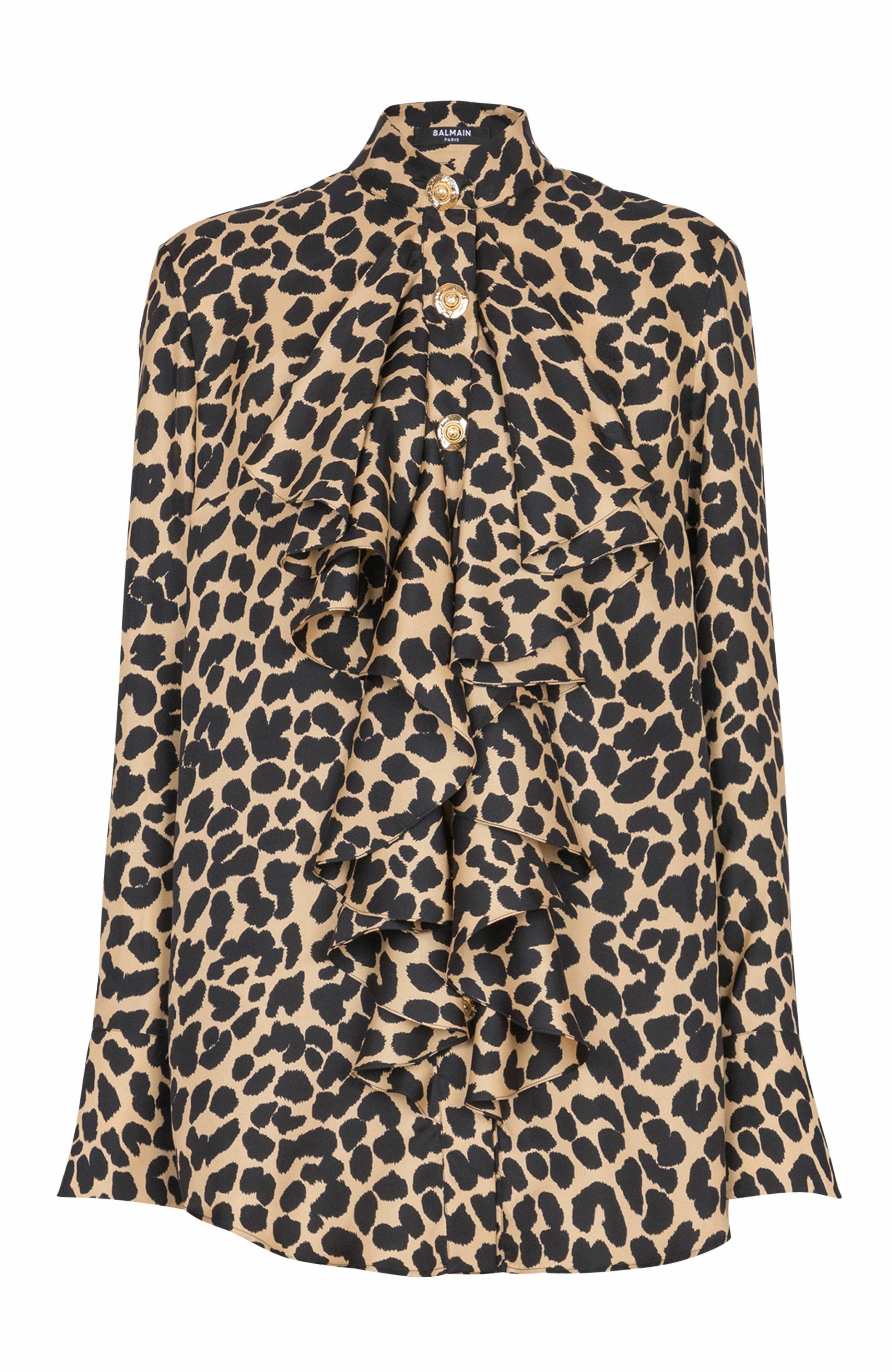 Balmain Leopard Print Ruffled Shirt in Black at Nordstrom - 5