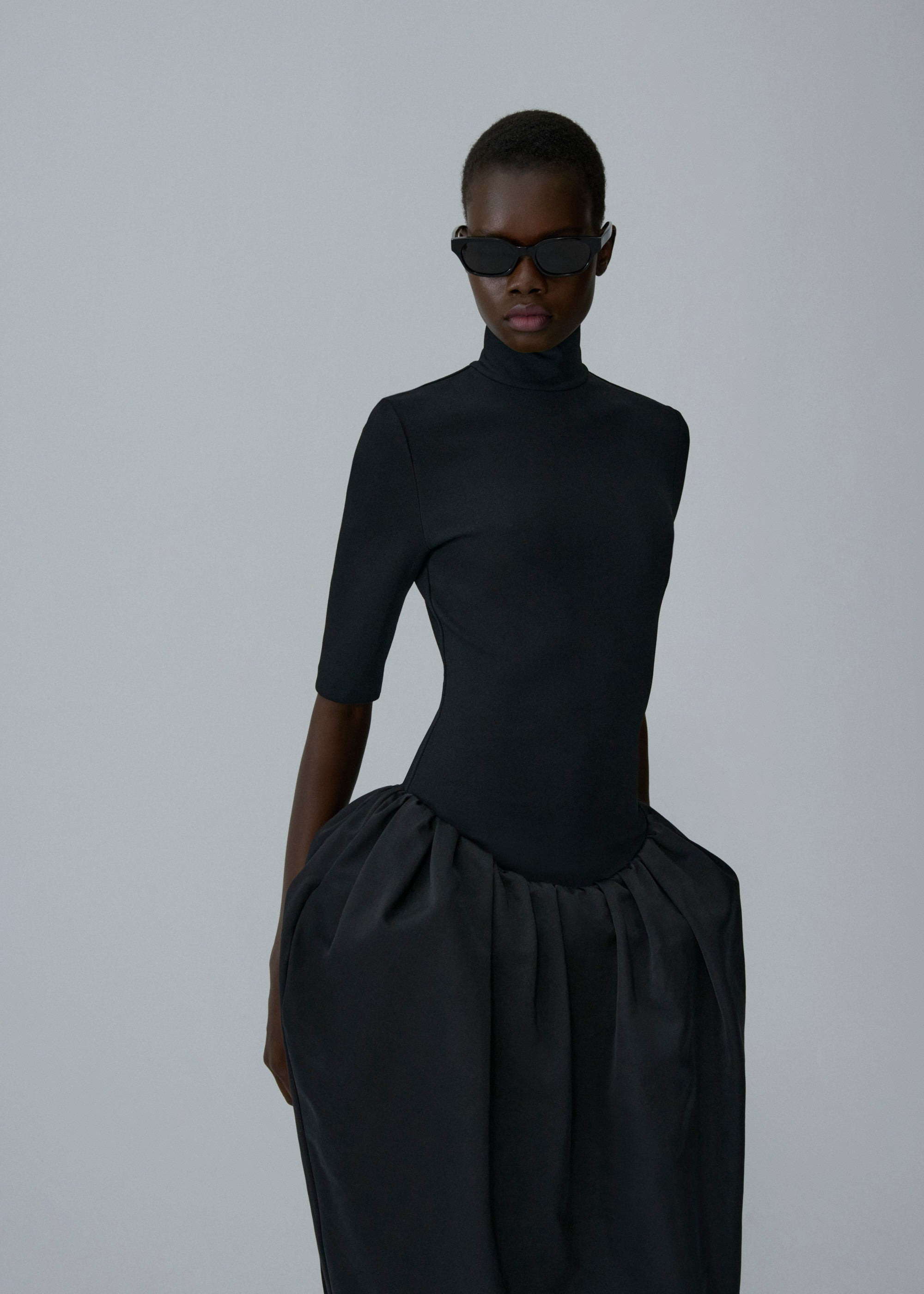 High-neck puff skirt midi dress in black - 3