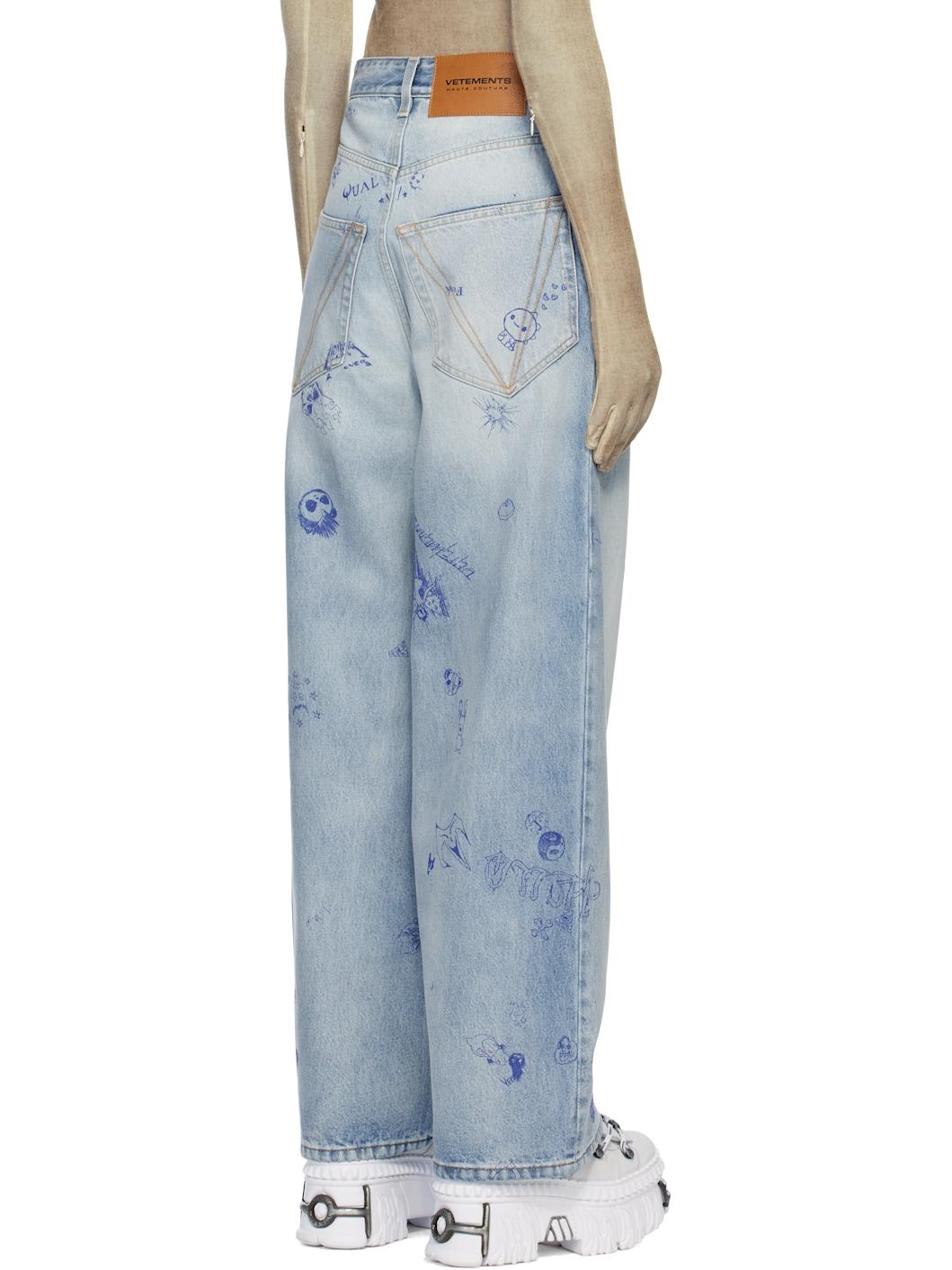 Blue Scribbled Baggy Jeans - 3