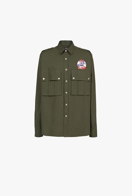 Dark khaki cotton shirt with Balmain badge - 1