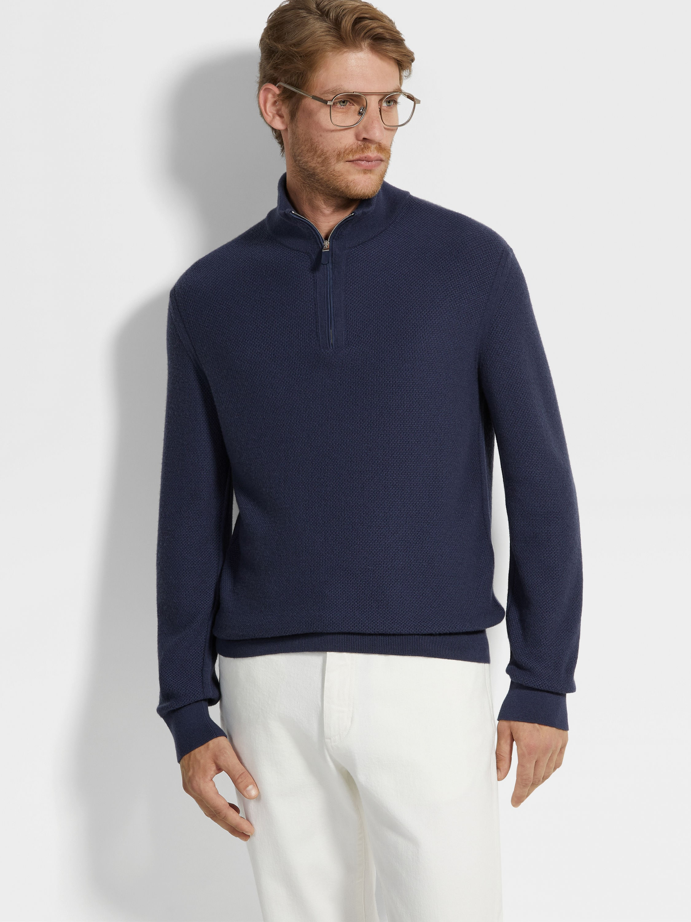 INK BLUE OASI CASHMERE ZIP MOCK NECK - 3