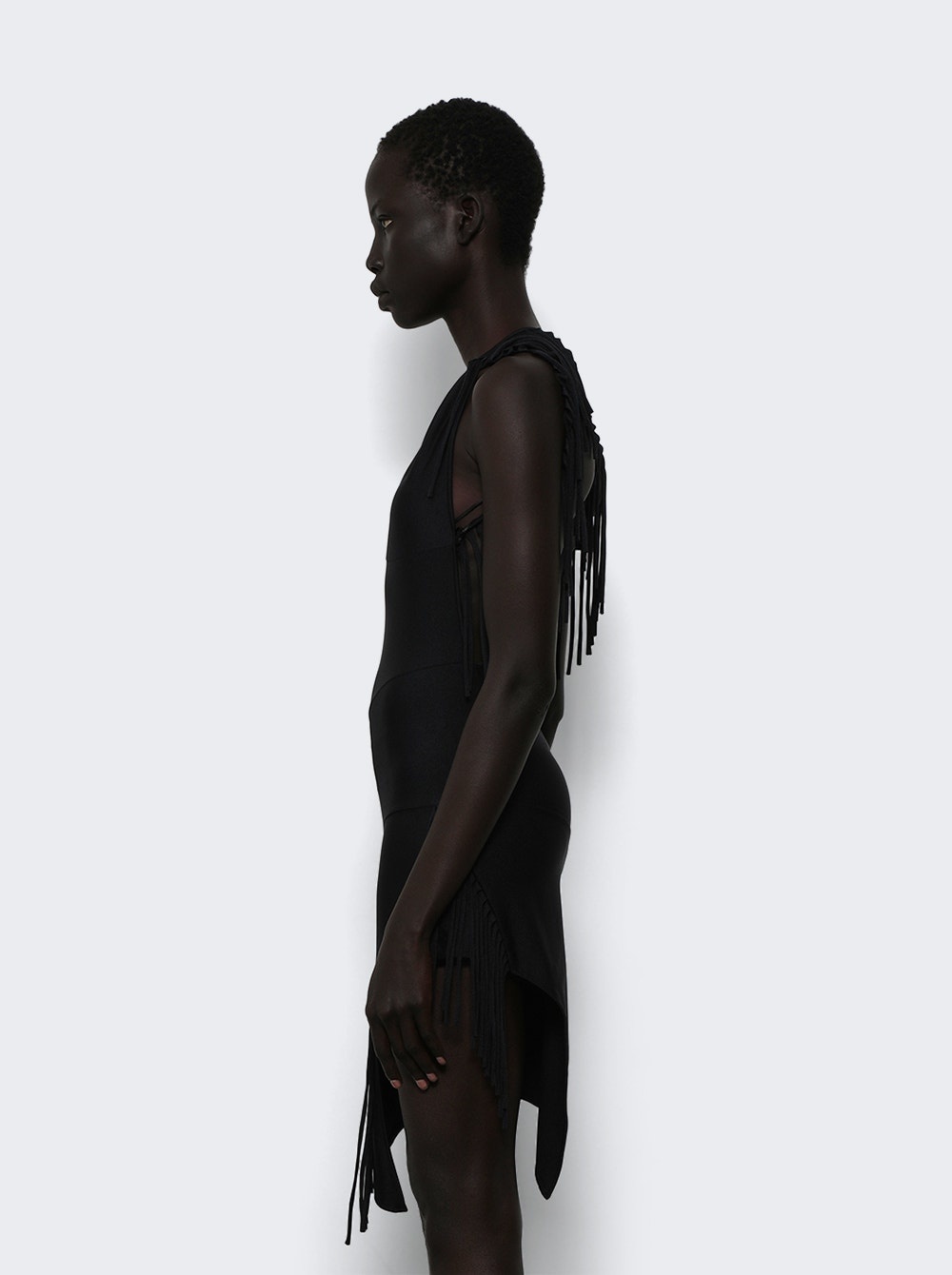 Asymmetric Fringed Jersey Dress Black - 3