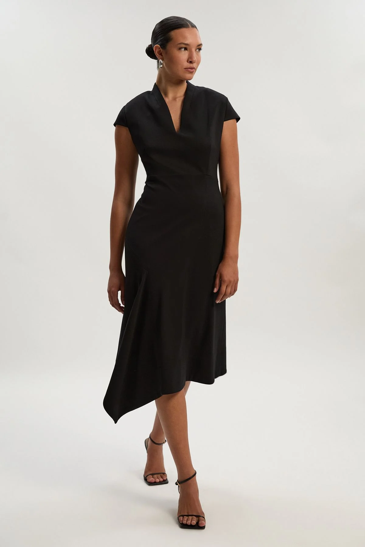 Premium Ponte V Neck Asymmetric Front Tailored Midi Dress - 1