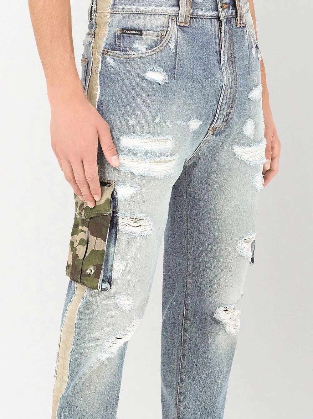 distressed patchwork cargo jeans - 5