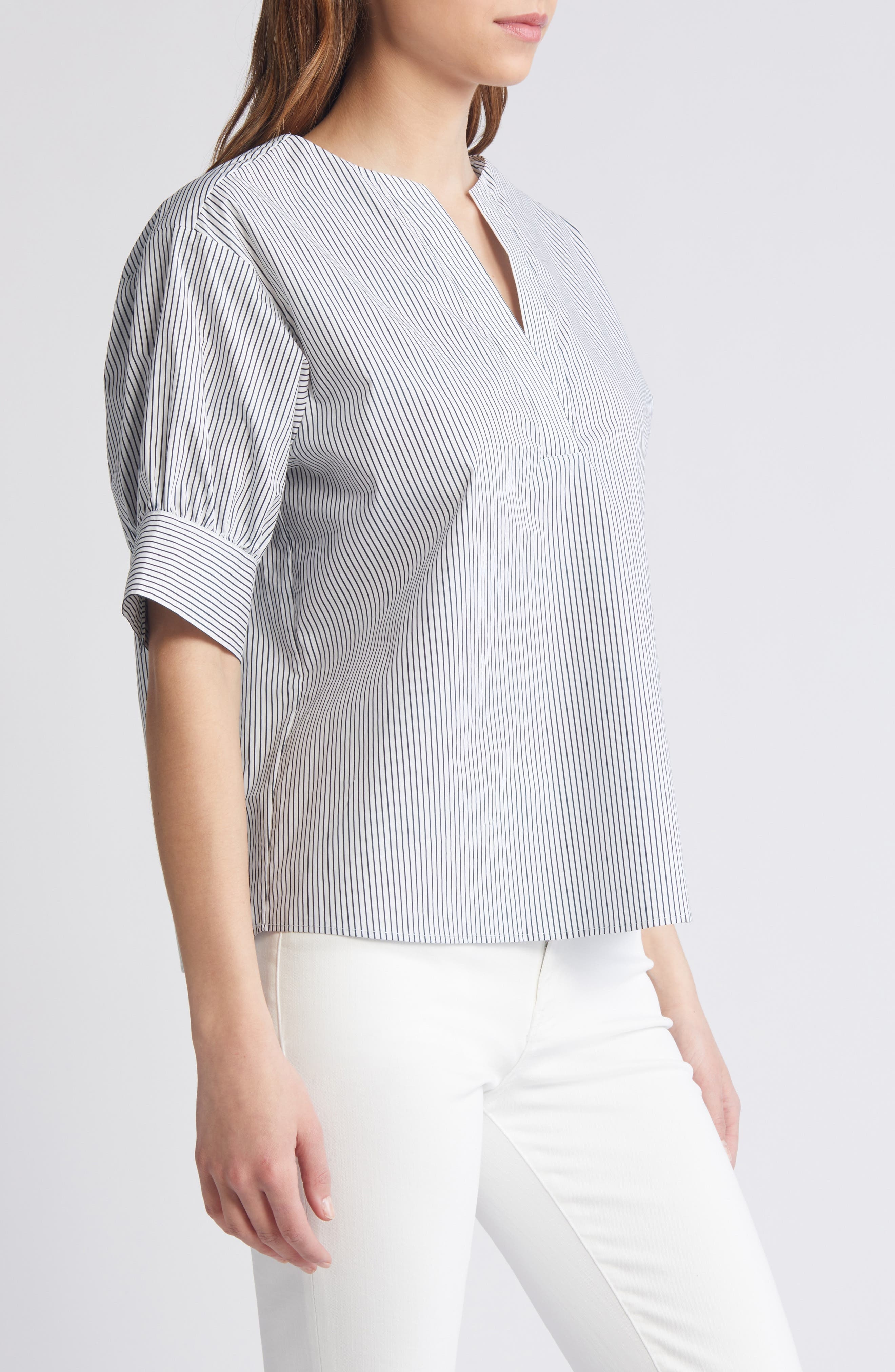 Stripe Split Neck Organic Cotton Popover Top - 3