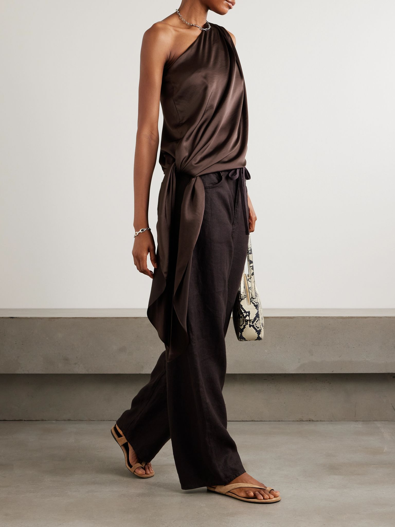 Ayla one-shoulder knotted satin top Brown - 2