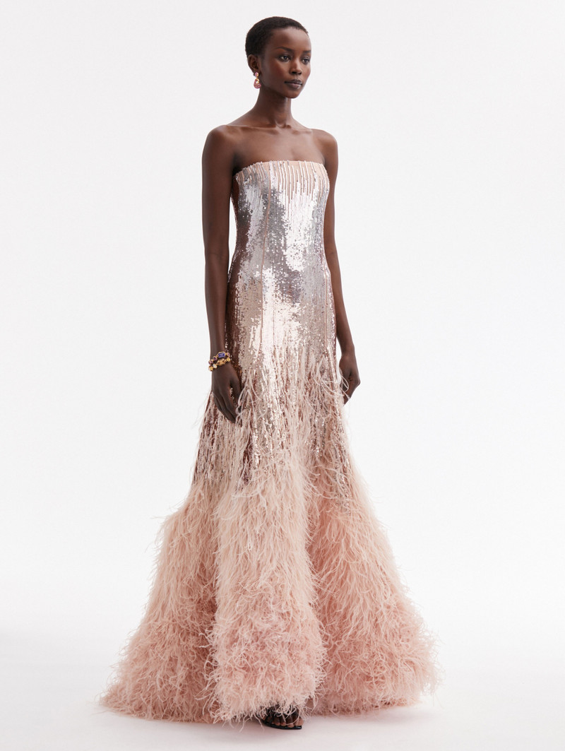 Oscar de la Renta SEQUIN & FEATHER EMBROIDERED GOWN - 24PE021SCH_BSH |  REVERSIBLE