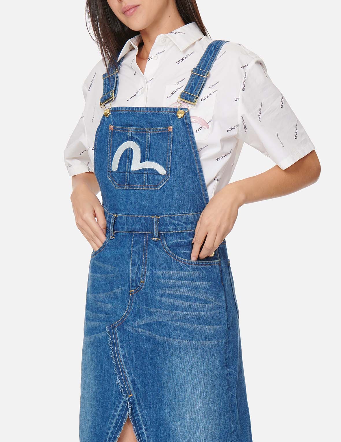 SEAGULL EMBROIDERED DENIM DUNGAREE DRESS - 8