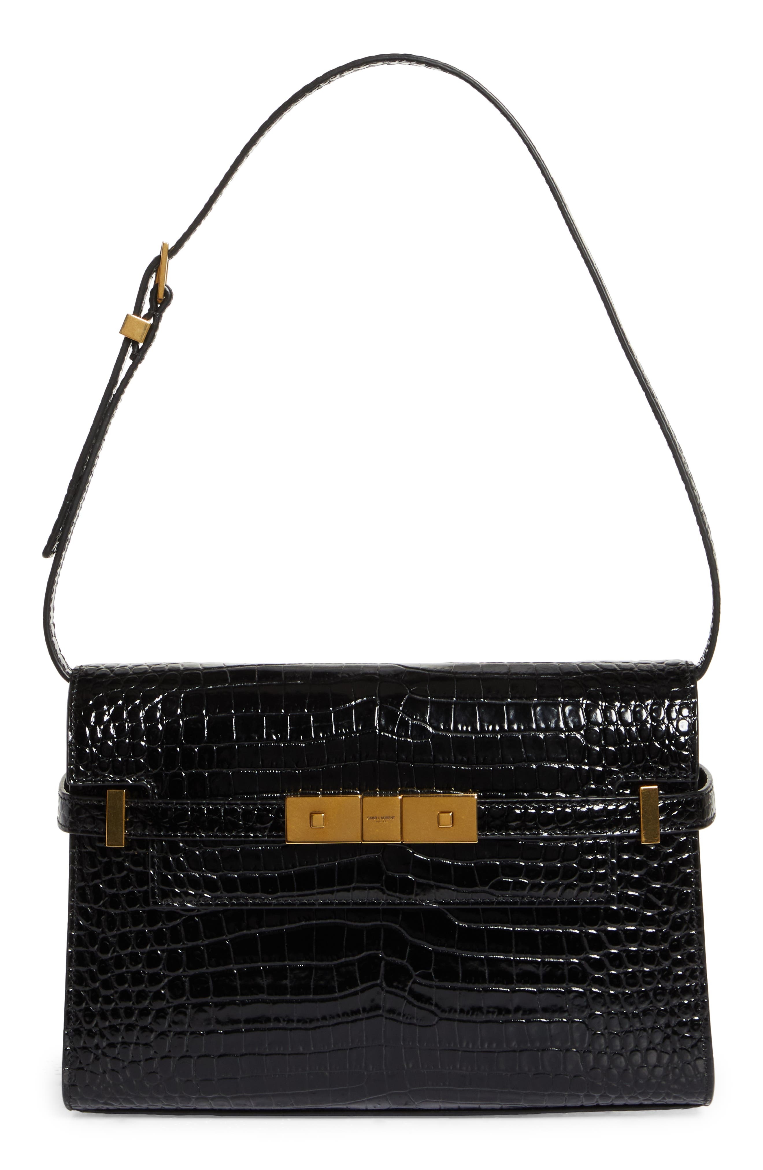 Saint Laurent Small Manhattan Croc Embossed Shoulder Bag in Noir at Nordstrom - 1