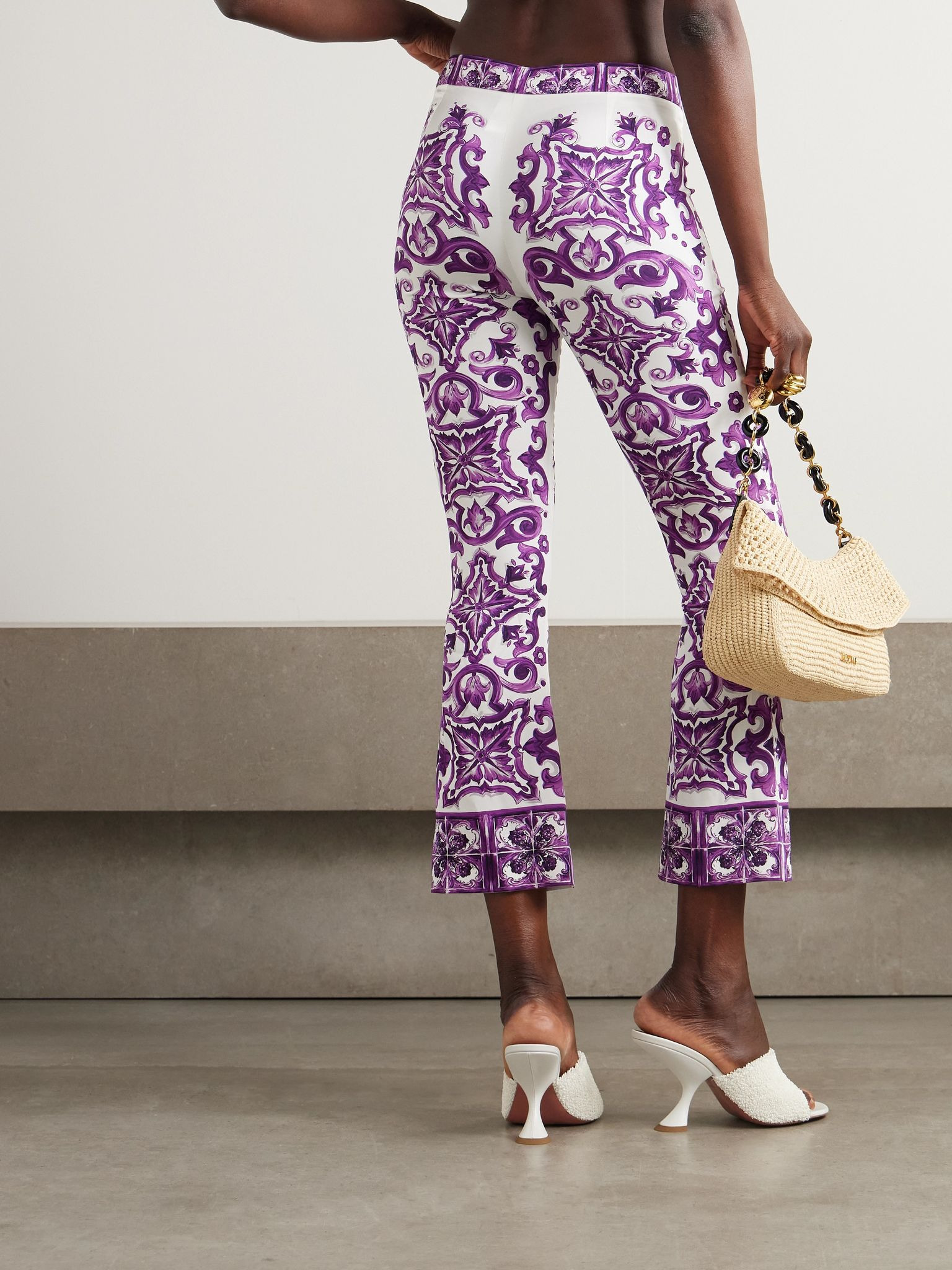 Maiolica cropped printed silk-blend flared pants Purple - 3