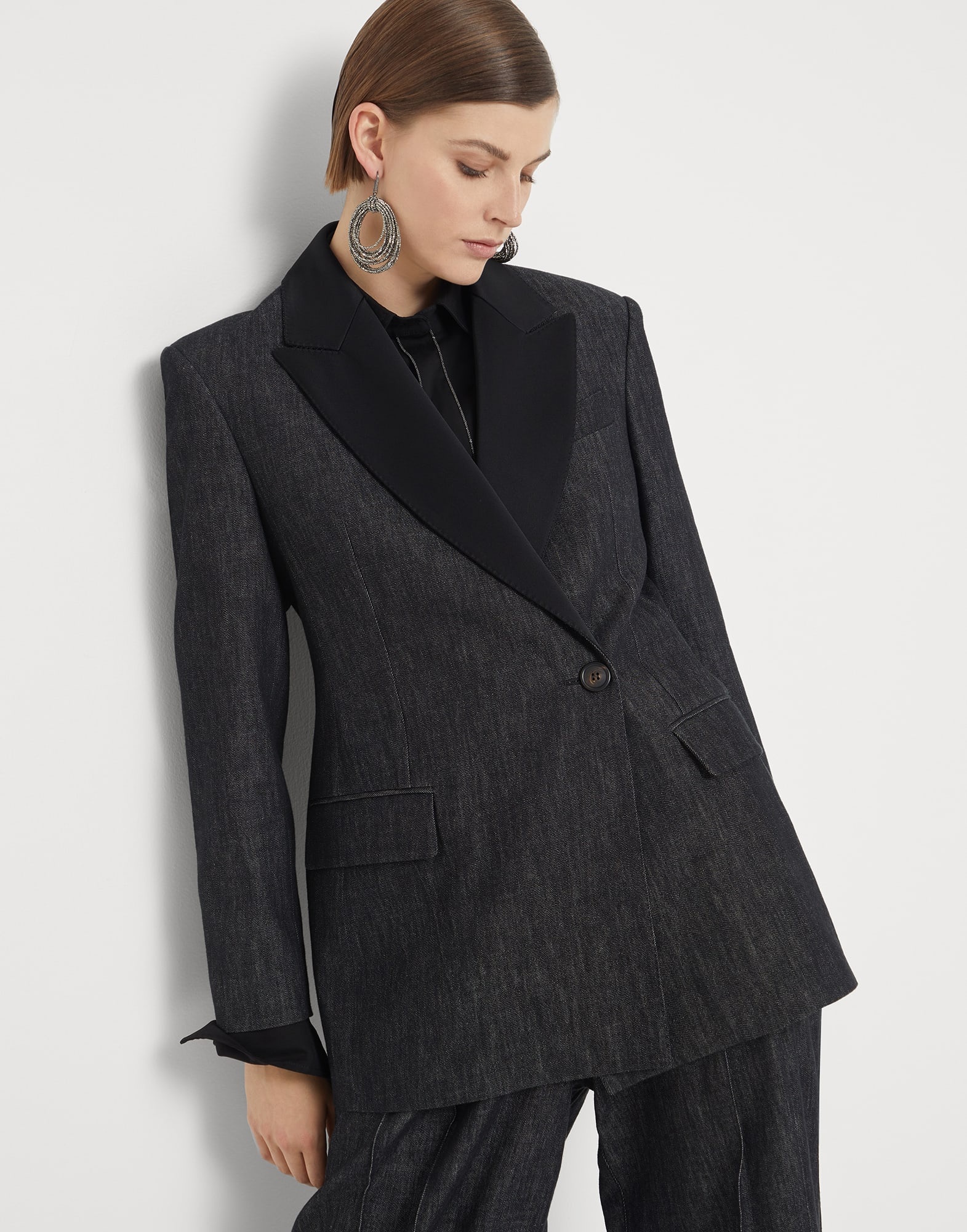 Cotton denim-effect twill blazer with monili - 4