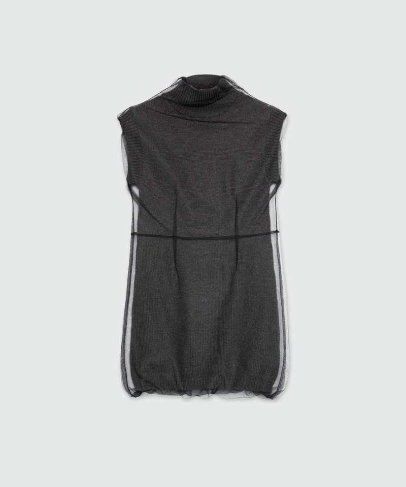 Short sleeveless anthracite knitted dress with tulle overlay 1