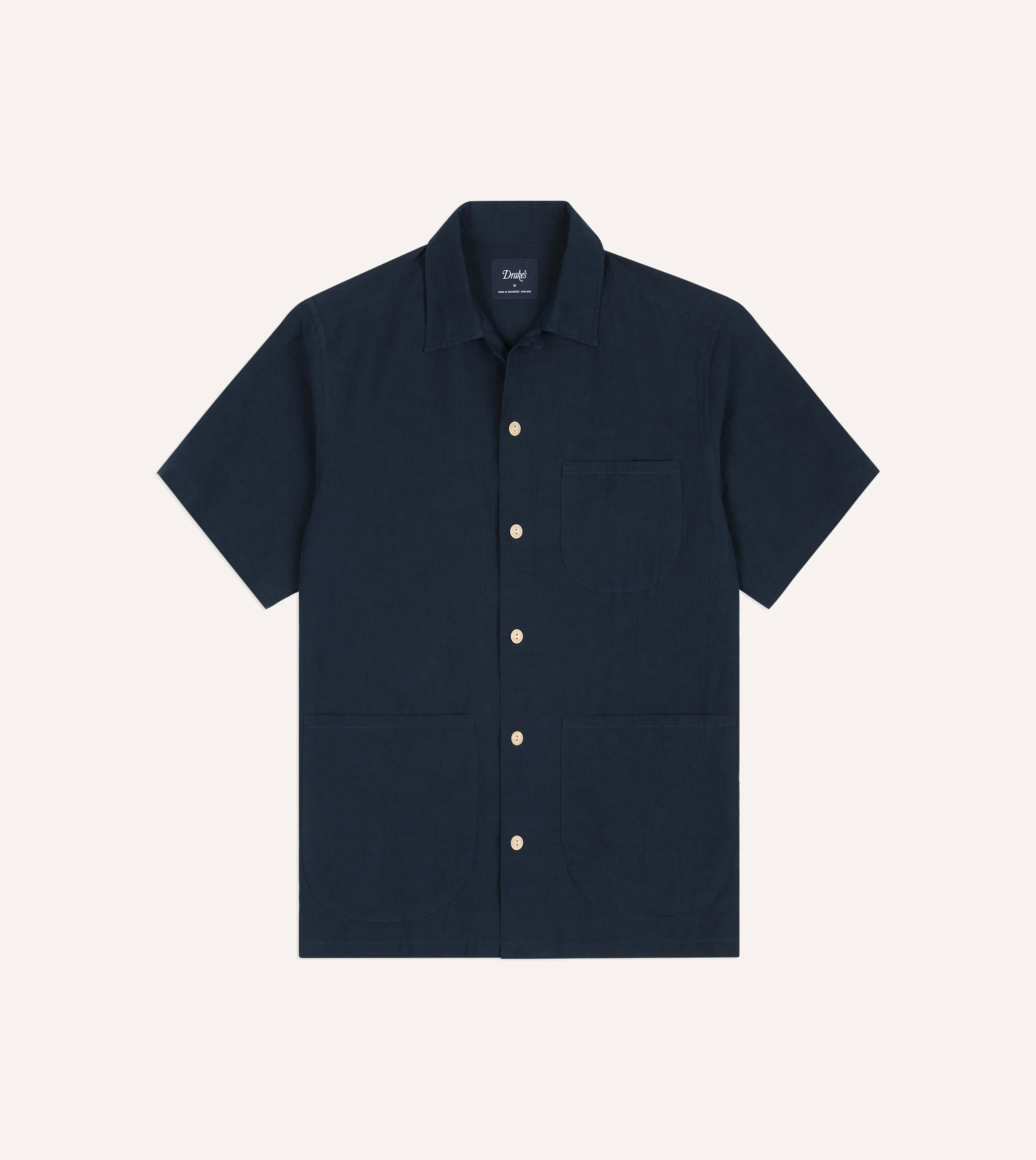 Navy Cotton-Linen Camp Collar Three Pocket Short Sleeve Shirt - 1