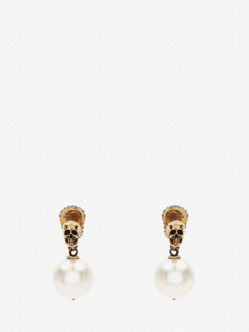 Women's Pearl Pave Skull Earrings in Antique Gold - 3