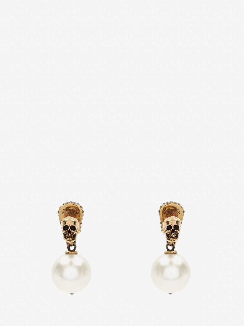 Women's Pearl Pave Skull Earrings in Antique Gold 3