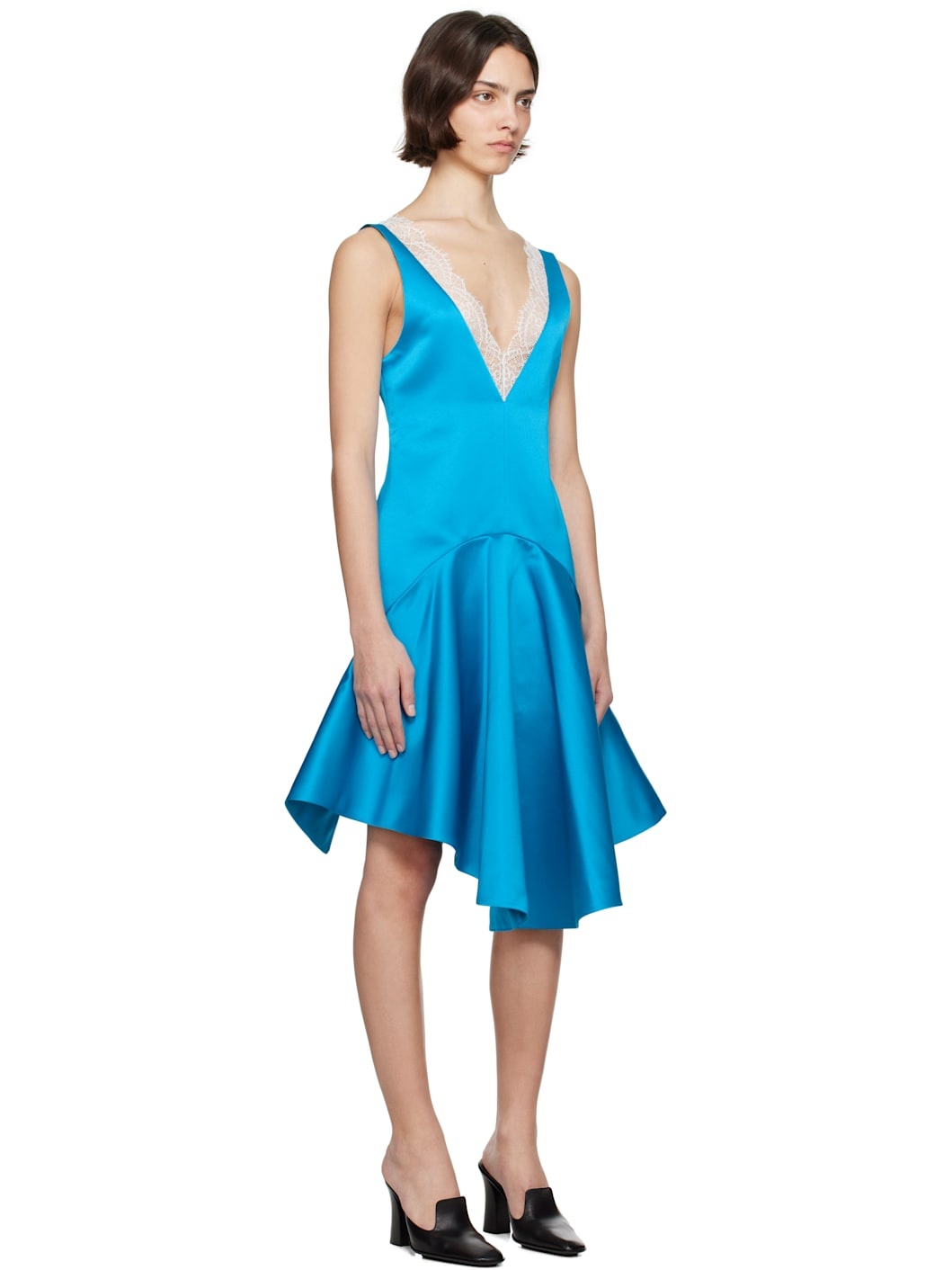 Blue Draped Hemline V-Neck Midi Dress - 2