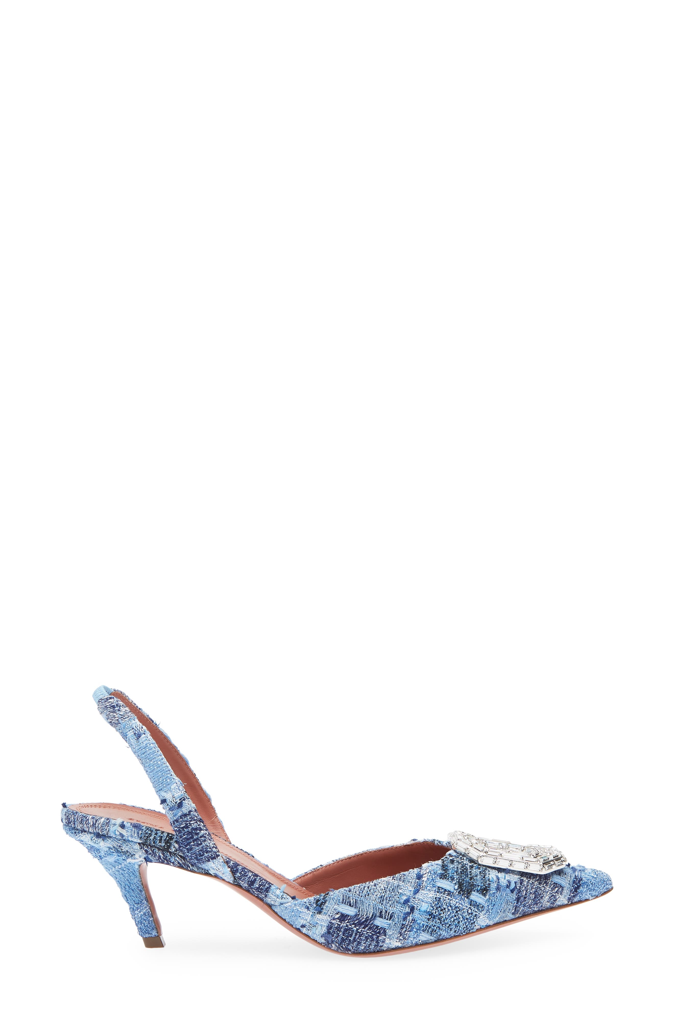 Amina Muaddi Camelia Crystal Buckle Pointed Toe Slingback Pump in Tweed Blue White Buckle at Nordstr - 3