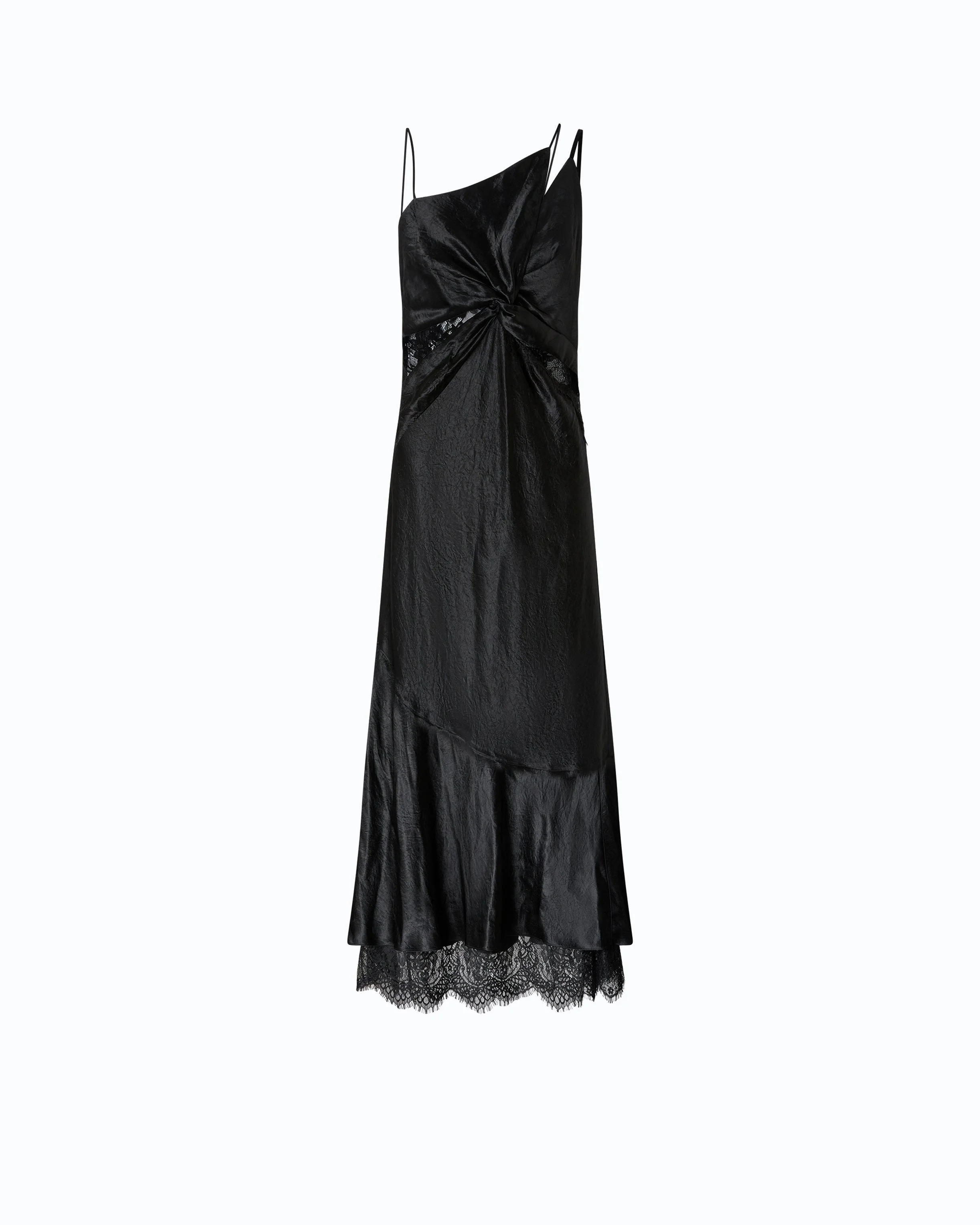 LONG SATIN DRESS WITH DRAPING AND LACE - 1