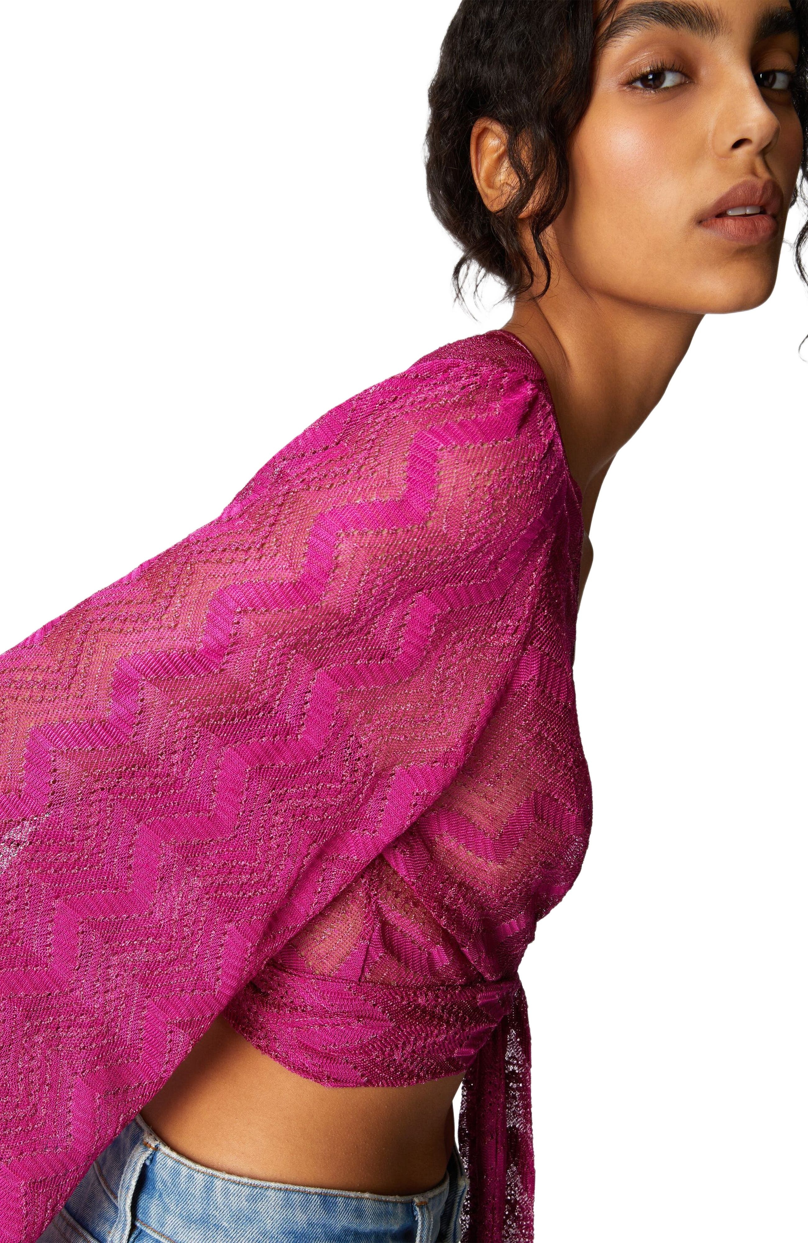 Missoni Crop Top With Wide Sleeves And Front Knot In Zig Zag Lamé Viscose in Purple at Nordstrom - 8