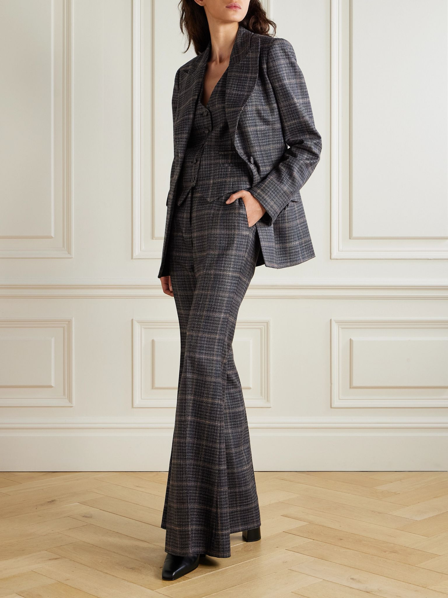 Rhein checked wool and silk-blend flared pants Dark gray - 2