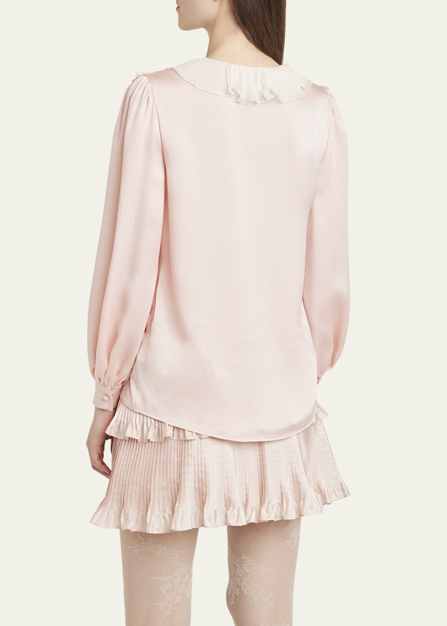 Ruffle V-Neck Lace Trim Silk Shirt - 3
