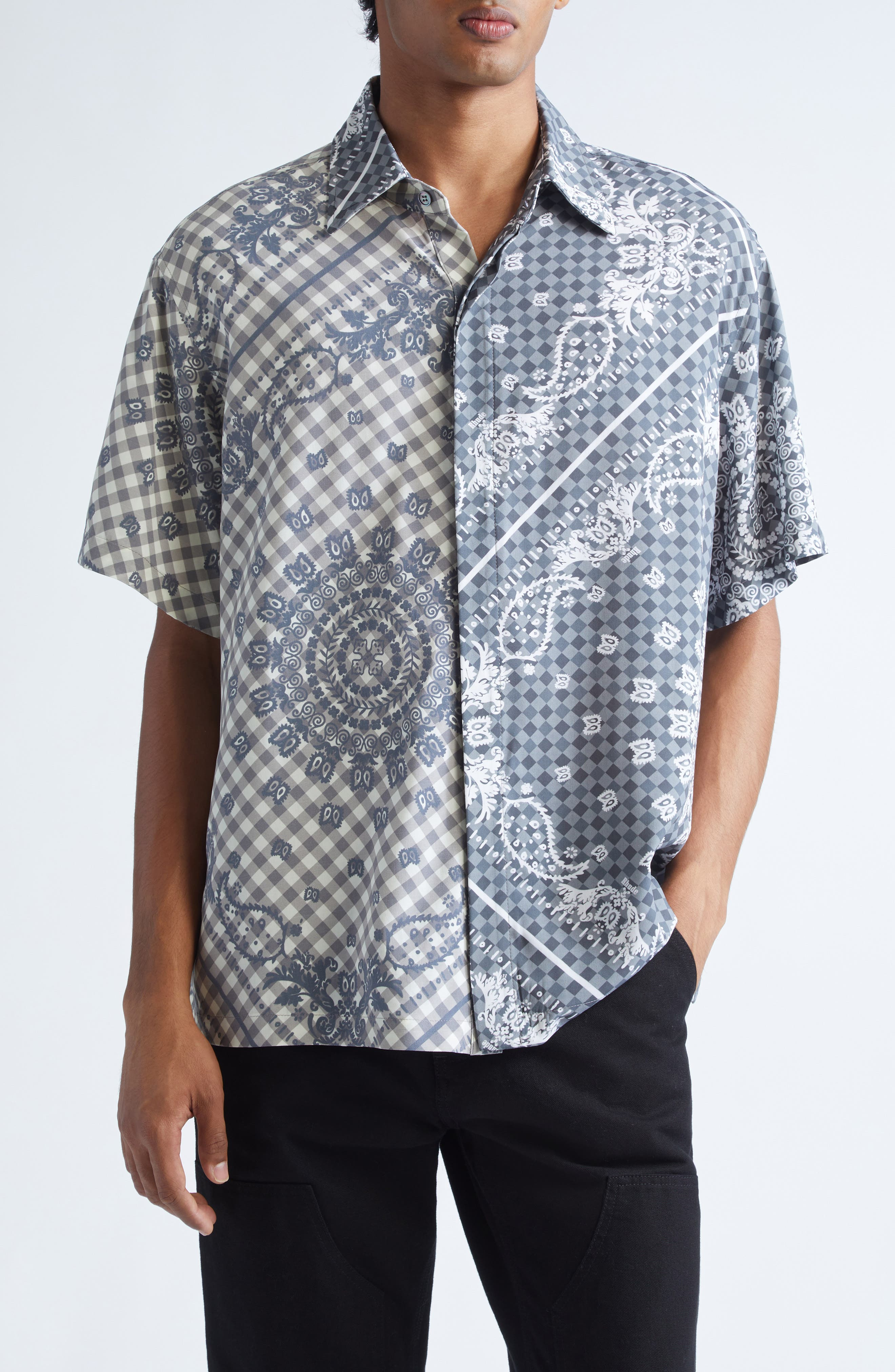 Rhude Split Gingham & Bandana Print Short Sleeve Button-Up Shirt in Black /White 3028 at Nordstrom - 1