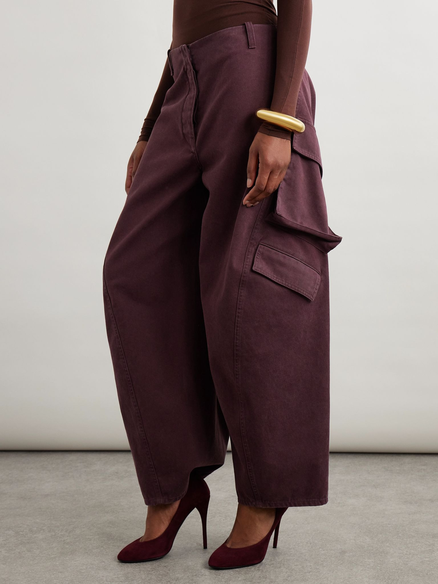 Cotton-twill barrel-leg cargo pants Burgundy - 3