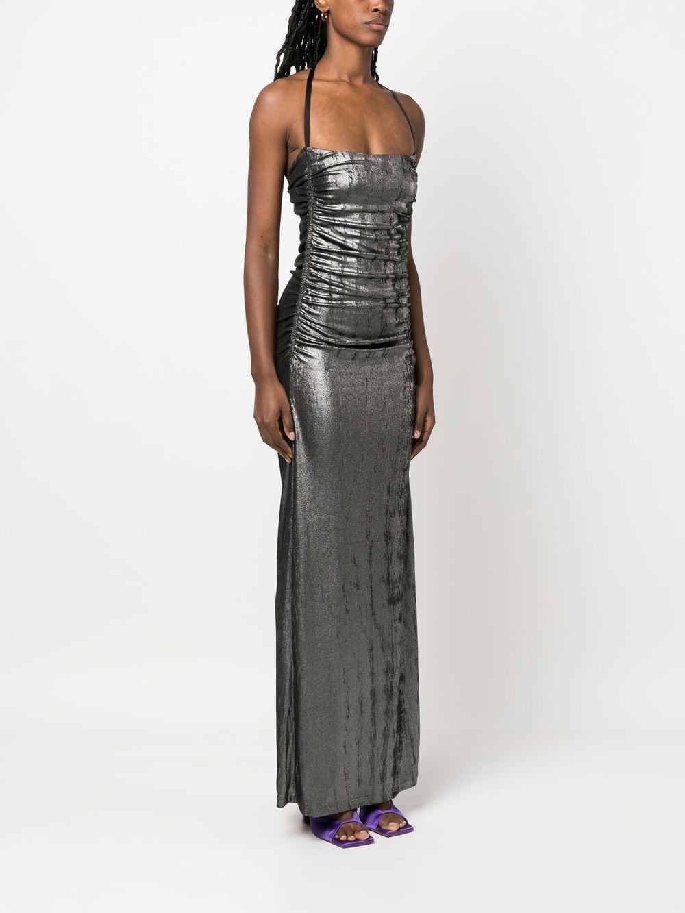 metallic ruched halterneck gown - 3