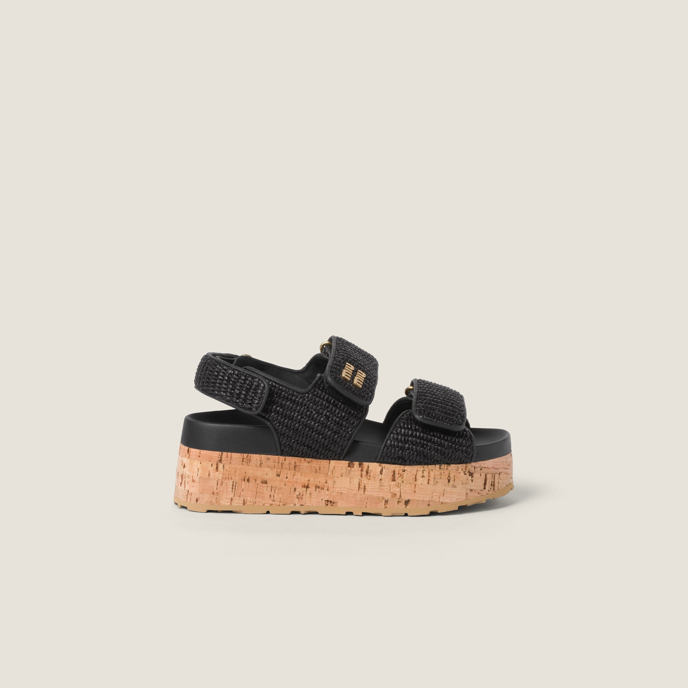 Raffia-effect woven fabric wedge sandals - 2