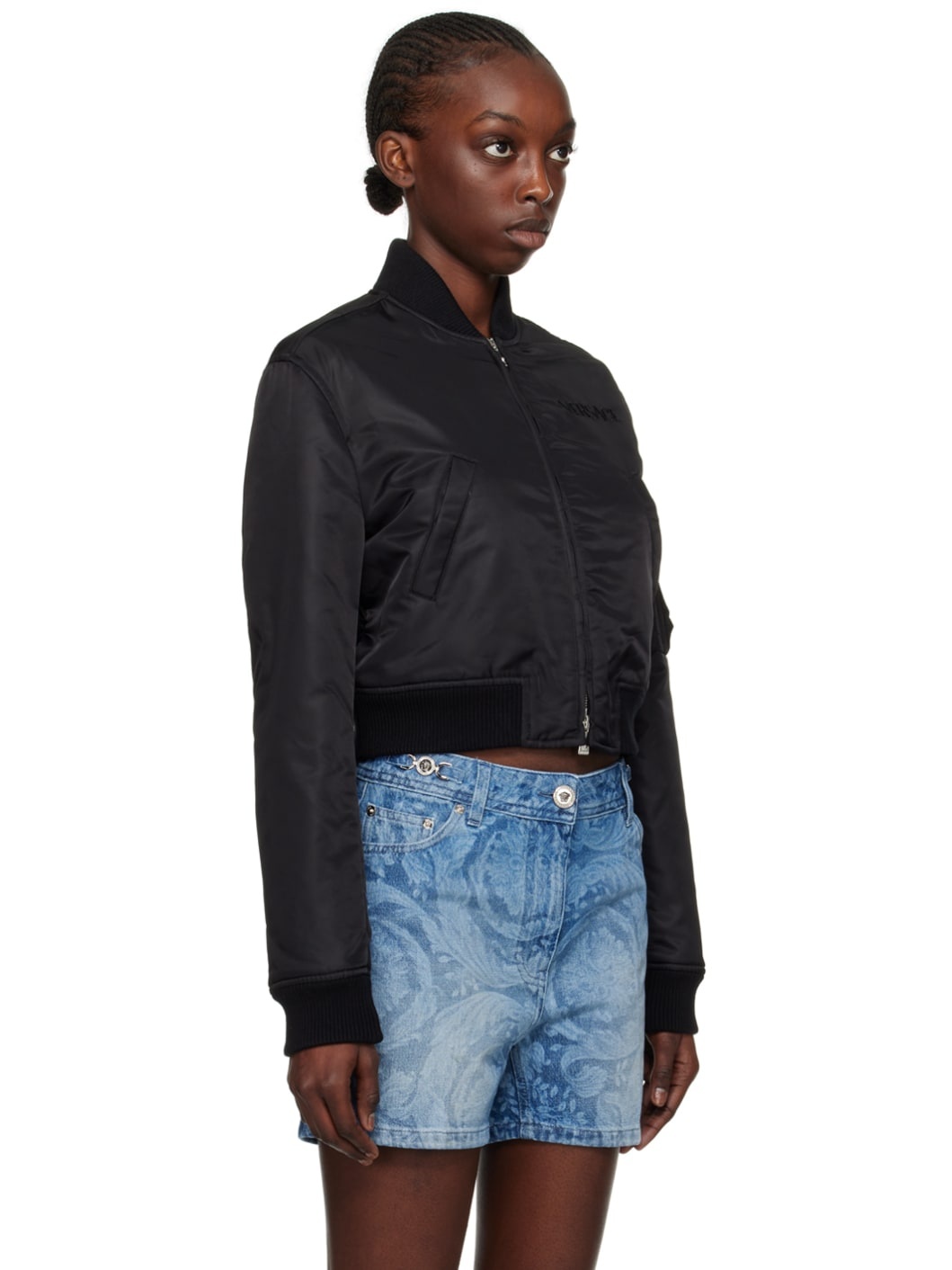 Black Cropped Bomber Jacket - 2