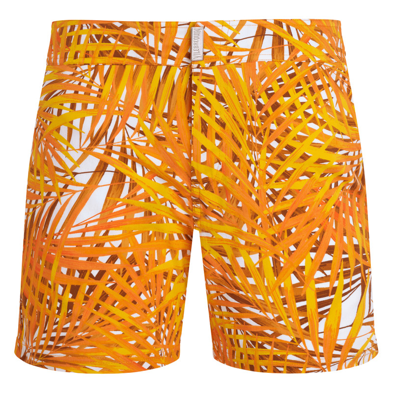 Men Stretch Short Swim Trunks Flat Belt Palm Leaves - 1