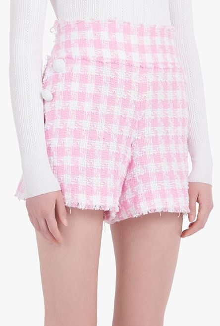 High-waisted white and pale pink tartan tweed shorts - 5