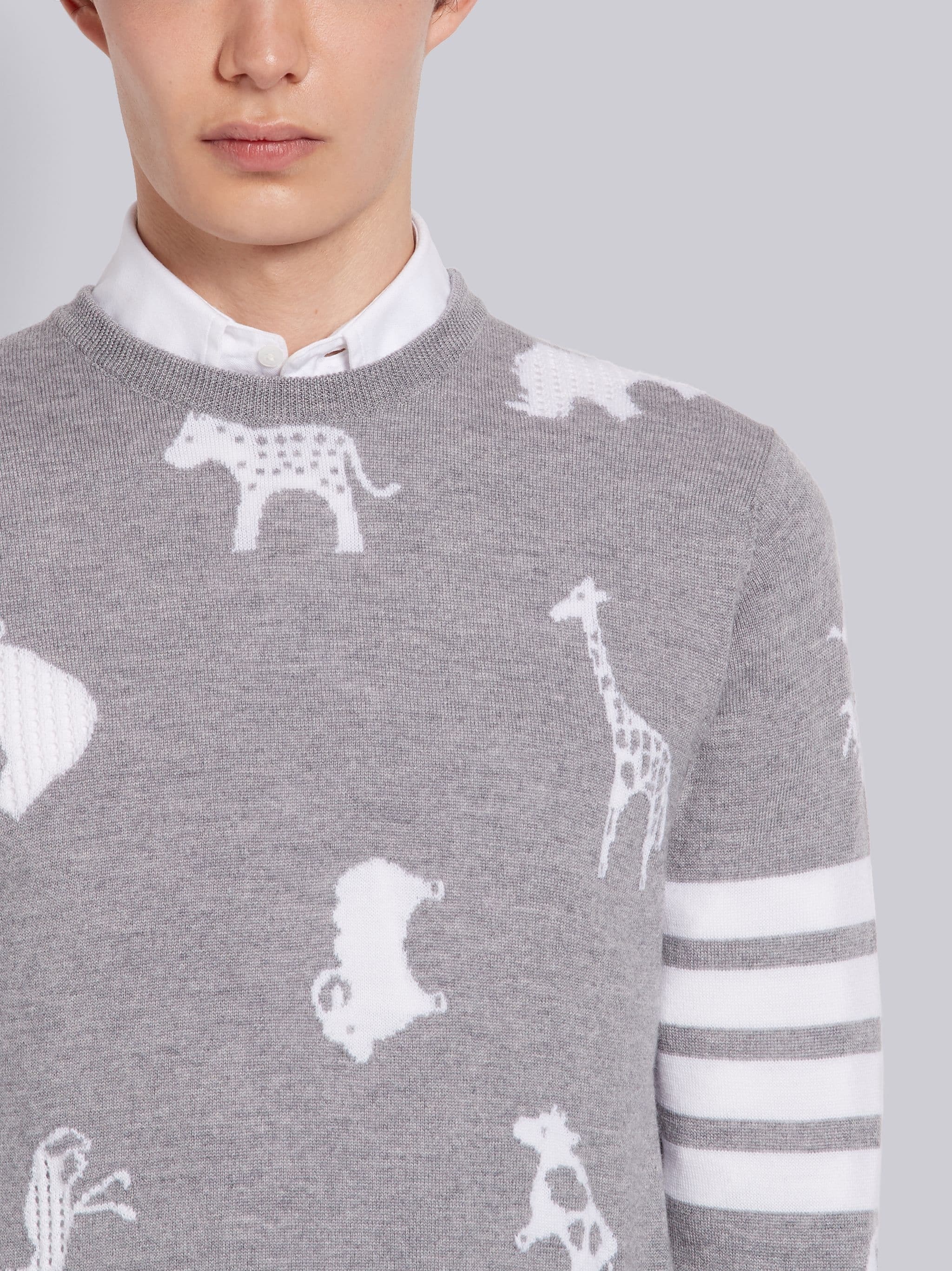 Light Grey Fine Merino Wool Animal Icon Crewneck 4-Bar Pullover - 5