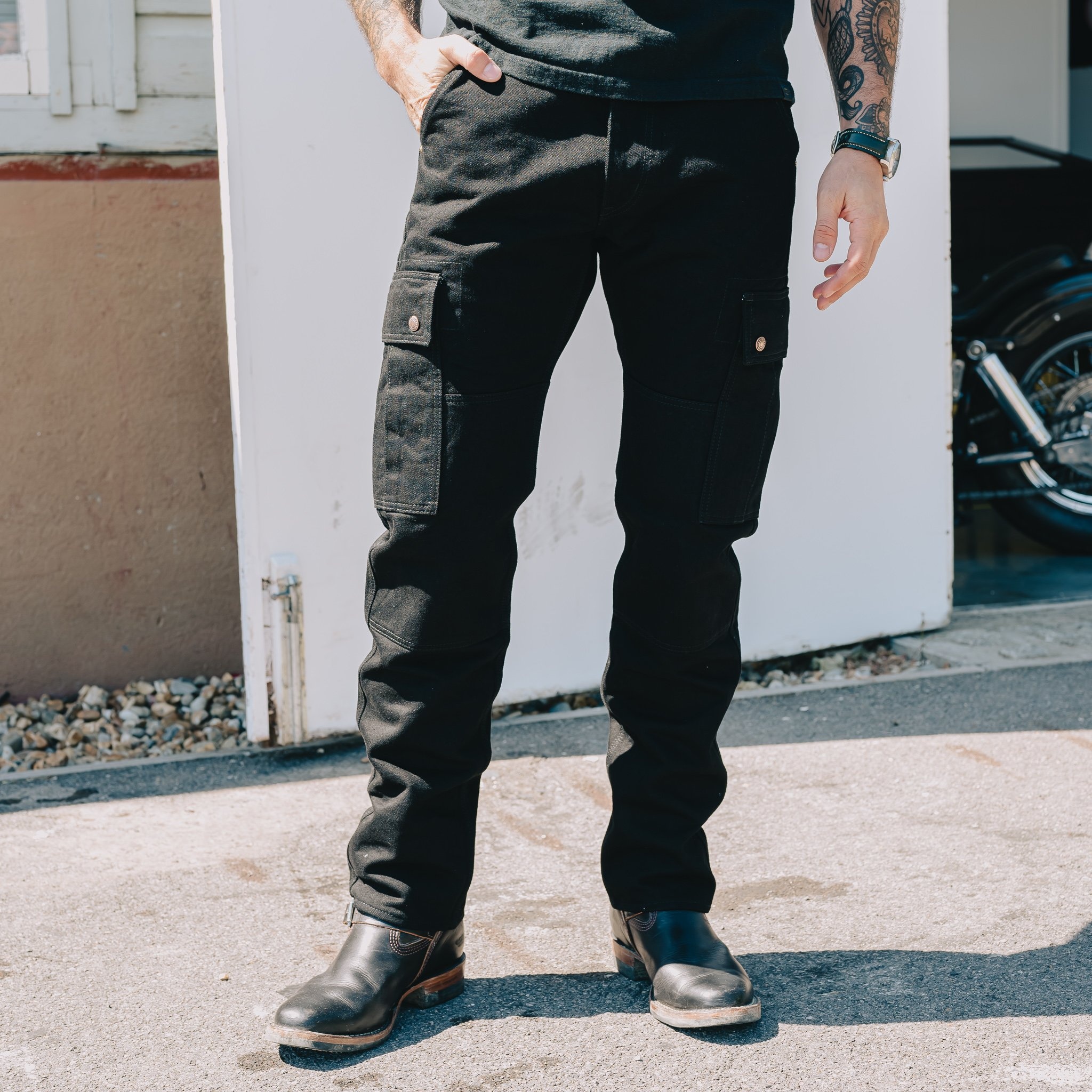 IHDR-502bb 14oz Selvedge Denim Cargo Pants - Black/Black - 5