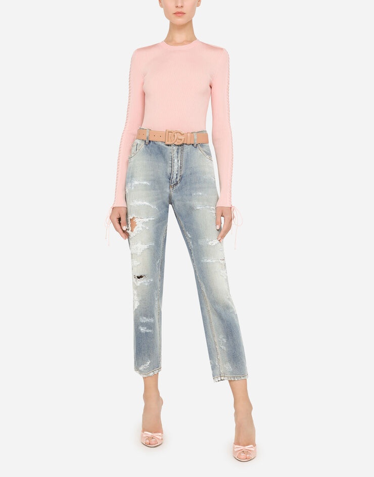 Viscose ribbed sweater with lacing and eyelets - 6