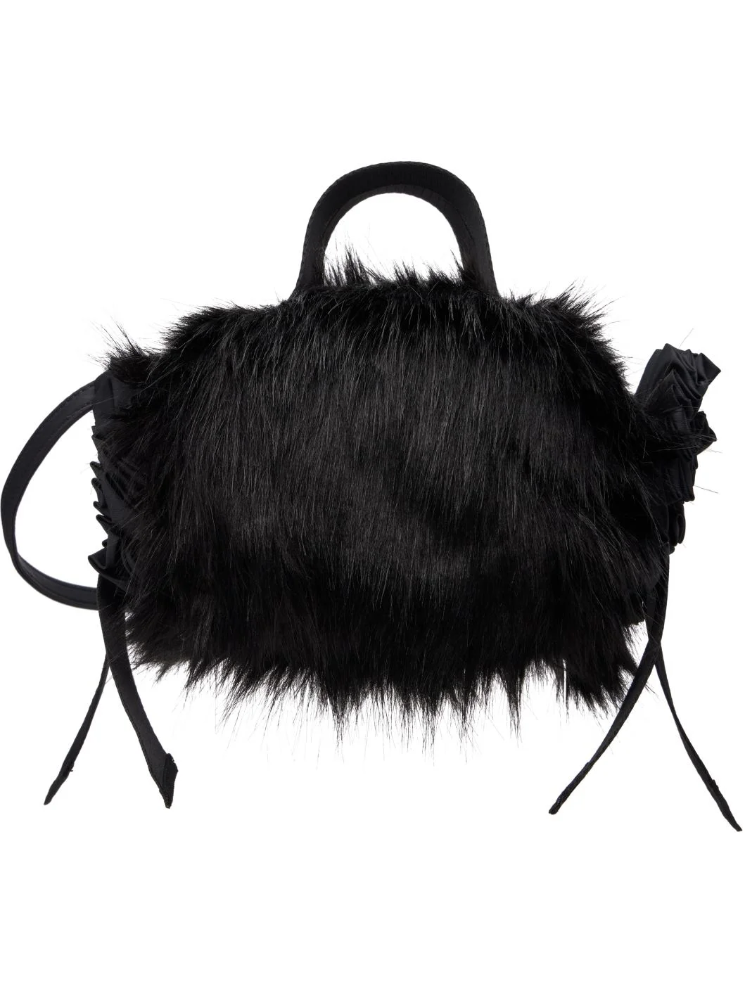 Black Mini Faux Fur Double Ribbon Rosette Bag - 1